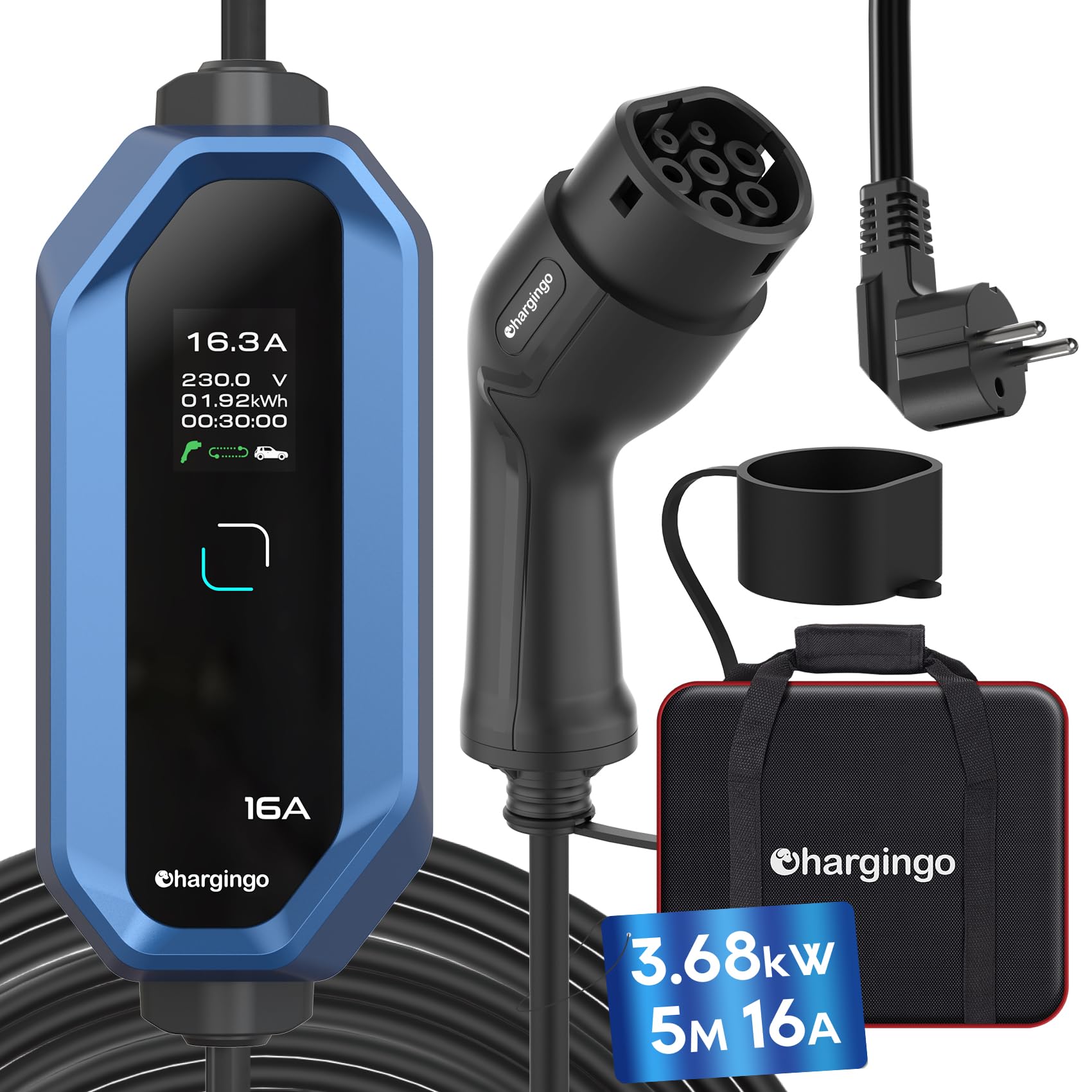 Chargingo Type 2 Charging Cable Schuko 3.68 kW 6-16 A Adjustable Current with LCD Display, 5 m Cable, Portable EV Charger for All Electric Cars IEC 62196-2 Type 2 and CCS2 Plug, CE Certified, IP65