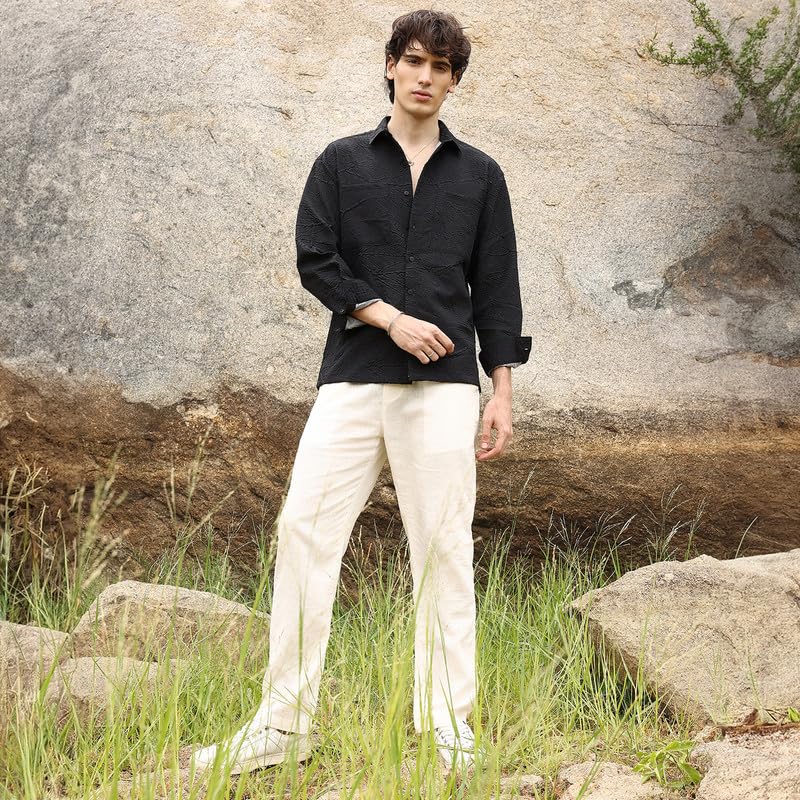 Image of CAHOOT Men's Multitrack Striped Oversized Shirt for Casual Wear | Spread Collar | Long Sleeve | Button Closure | Oversized Shirt Crafted with Comfort Fit for Everyday Wear