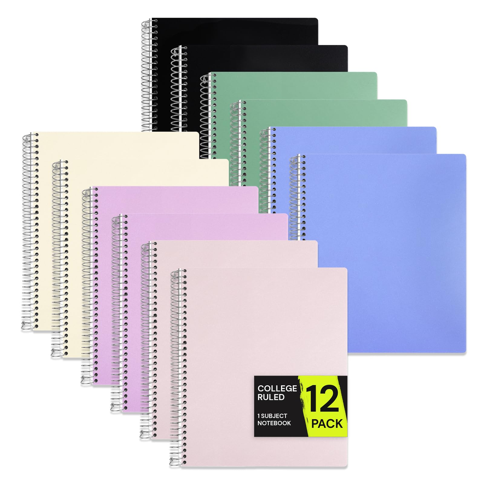 ONAVIA Lot de 12 cahiers à spirale, 1 sujet, lignés pour l'université, 22,9 x 27,9 cm, 100 feuilles, imperméables Cove en vrac pour enseignants, étudiants, couleurs assorties