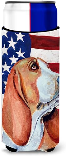 Caroline's Treasures LH9017MUK - Bandera estadounidense con Basset Hound Ultra Hugger para latas delgadas para latas delgadas, funda para enfriar,
