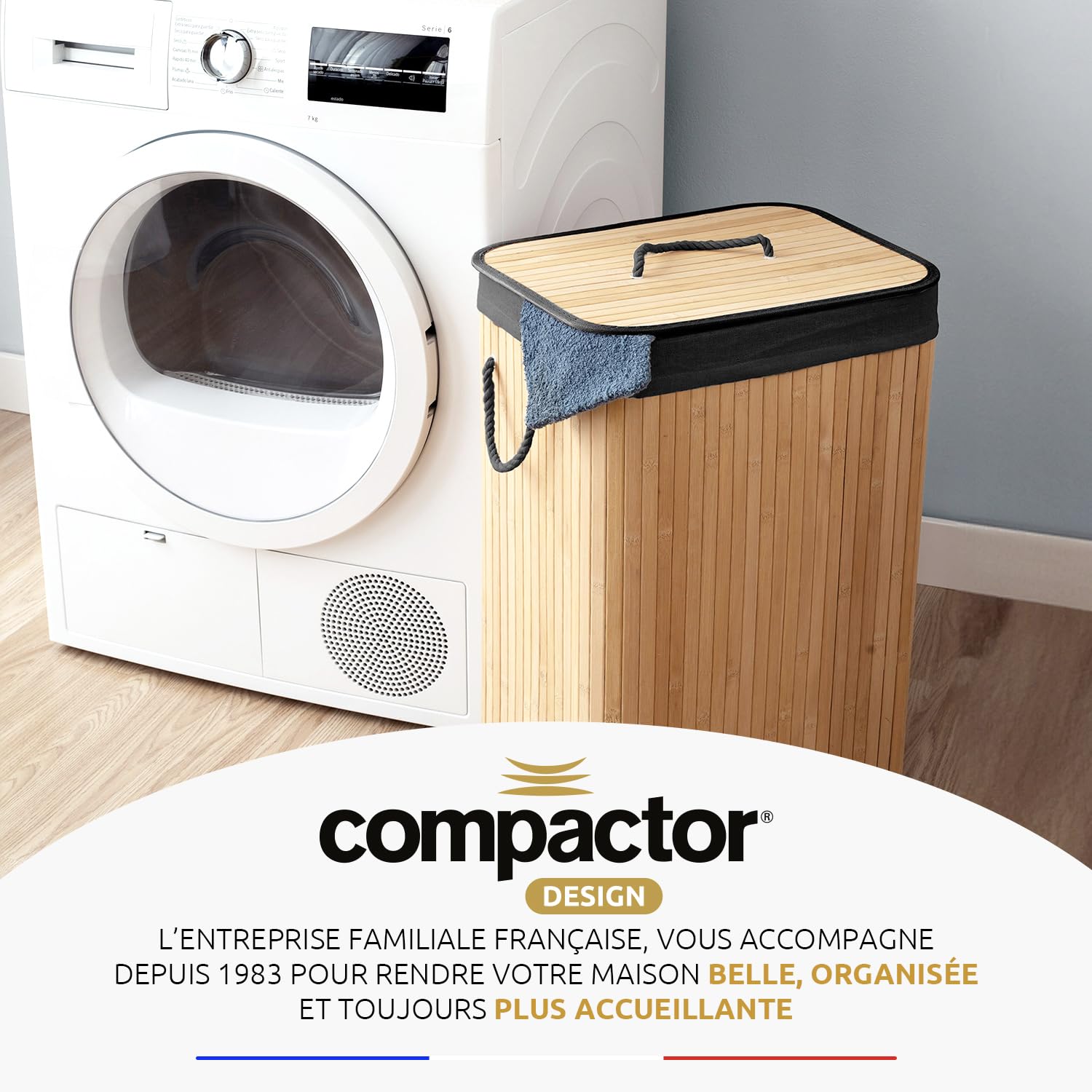 COMPACTOR - Panier à linge pliable en bambou avec couvercle - Tissu intérieur noir lavable - Poignées en corde - Format compact 40 x 30 x H60 cm - Design naturel et élégant