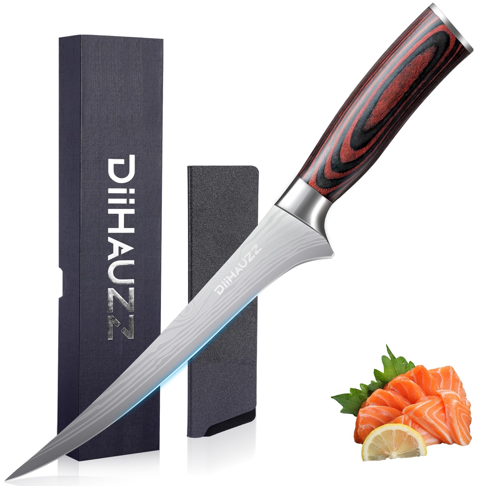 DiiHAUZZ 18 cm Filetiermesser, Profi Ausbeinmesser aus hochwertigem 5Cr15MoV Hochkohlenstoff-Edelstahl, Scharfes Fischmesser mit Ergonomischem Pakkaholzgriff, Fischfiletiermesser für Hobbyköche&Profis