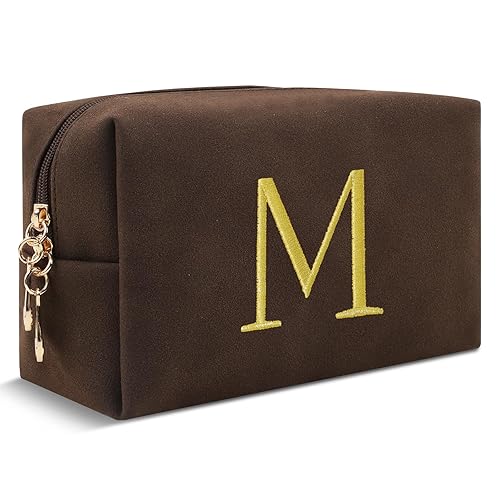 Miniatura 197 de Bolsa de maquillaje personalizada con inicial A-Z Preppy Patch, pequeña bolsa de cosméticos de PU con letra de chenilla y cierre para niñas Negro
