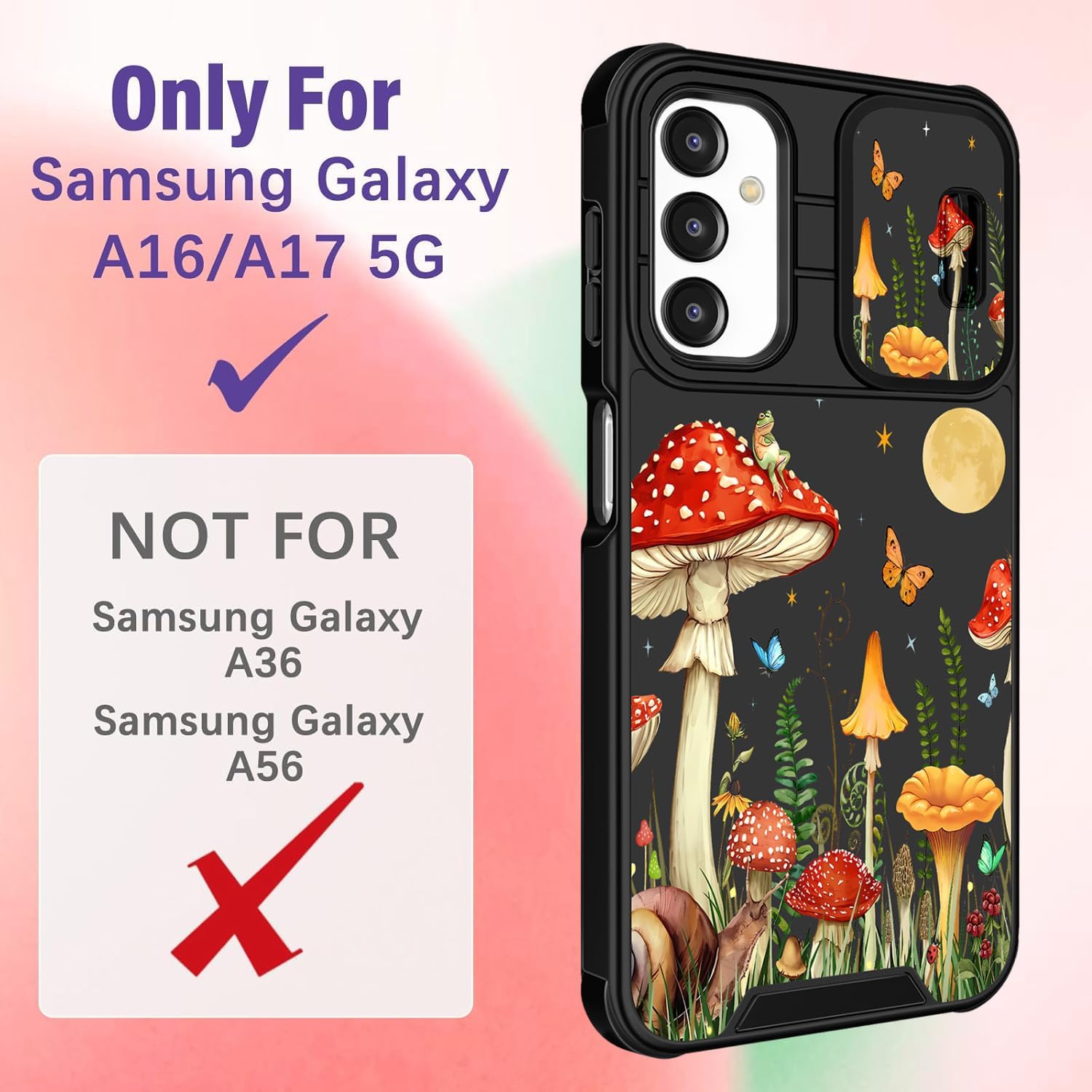 for Samsung Galaxy A16/A17 5G Phone Case - Women Girls Cute Phone Cover Girly Pretty Aesthetic Mushroom Unique Design with Camera Cover Ring Stand Funda for Galaxy A16/A17 5G Case
