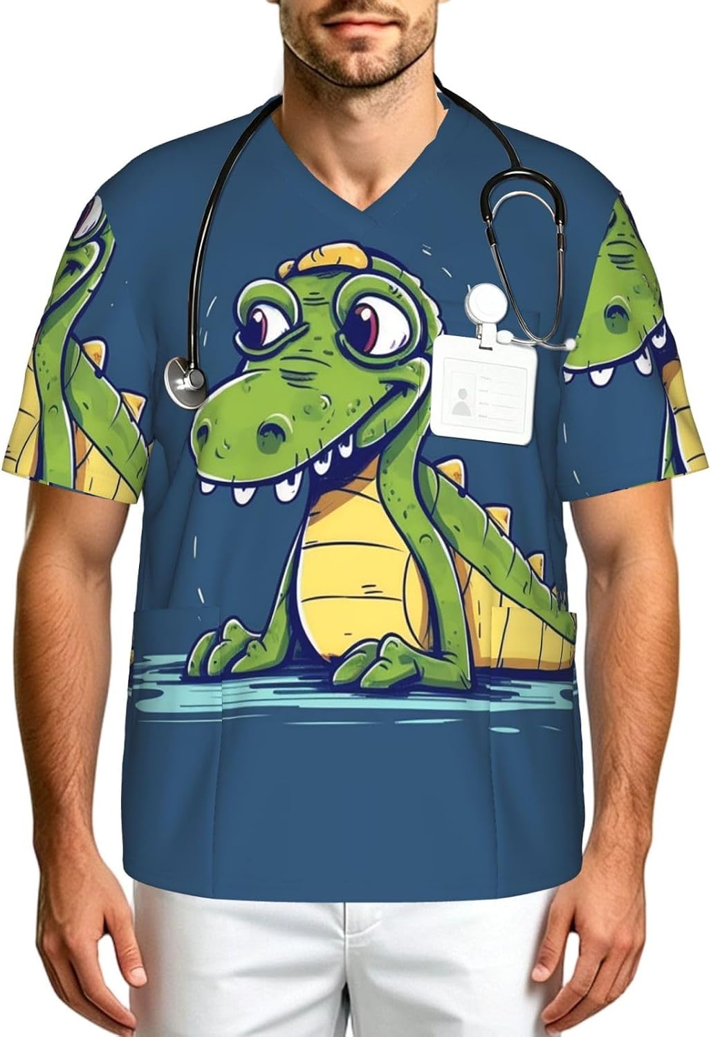 Professional Scrub Tops for Men, Classic V-Neck Workwear with 3 Pockets