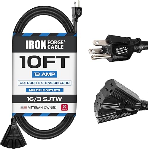 Miniatura 35 de Iron Forge Cable Paquete de 2 cables de extensión negros de 50 pies con 3 tomas, cable de extensión SJTW de 16/3 de 50 pies, 3 clavijas, cable