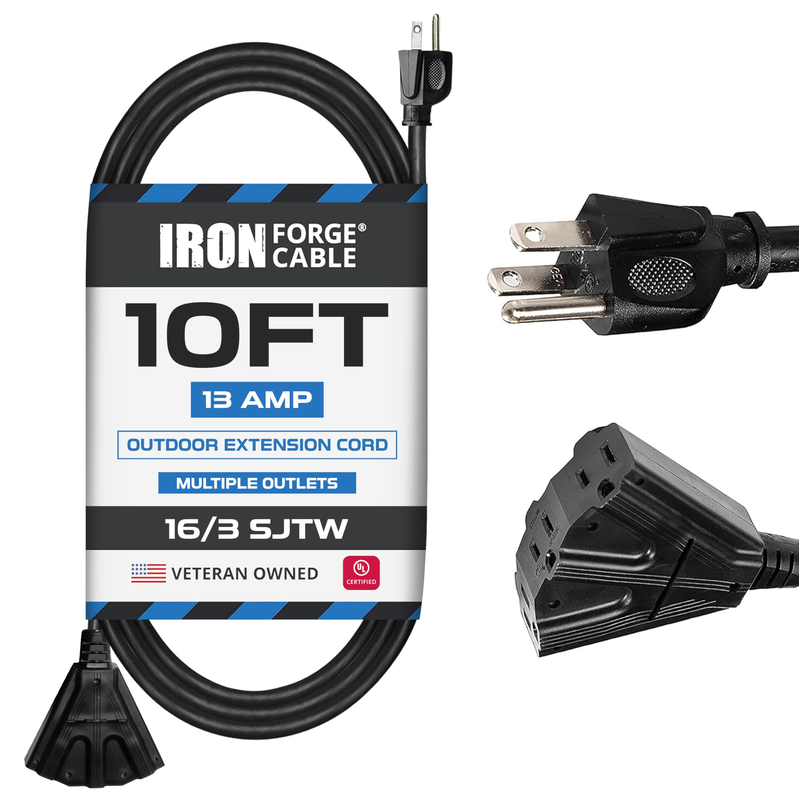 Iron Forge Cable 3 Outlet Outdoor Extension Cord 10 ft, 16/3 SJTW Black Extension Cord with Multiple Outlets 3 Prong, Weatherproof 13 Amp Exterior Power Cable for Outdoor Lights, Lawn & Landscaping