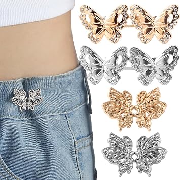 Myhiju 4 Sets Adjustable No Sewing Butterfly Pant Waist Tightener Buttons For Jeans, Double Layer Rhinestone & Metal Hollow Butterfly Button Pins For Clothing Accessories