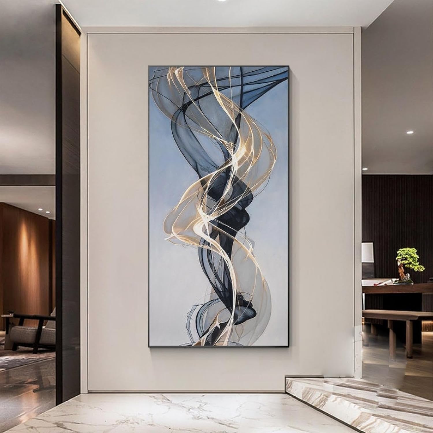 Cuadro abstracto de cinta dorada y negra sobre lienzo,arte de pared dorado de lujo extragrande vertical,cuadros para sala de estar,decoración de pared,70 x 140 cm (28 x 55 pulgadas) con marco negro