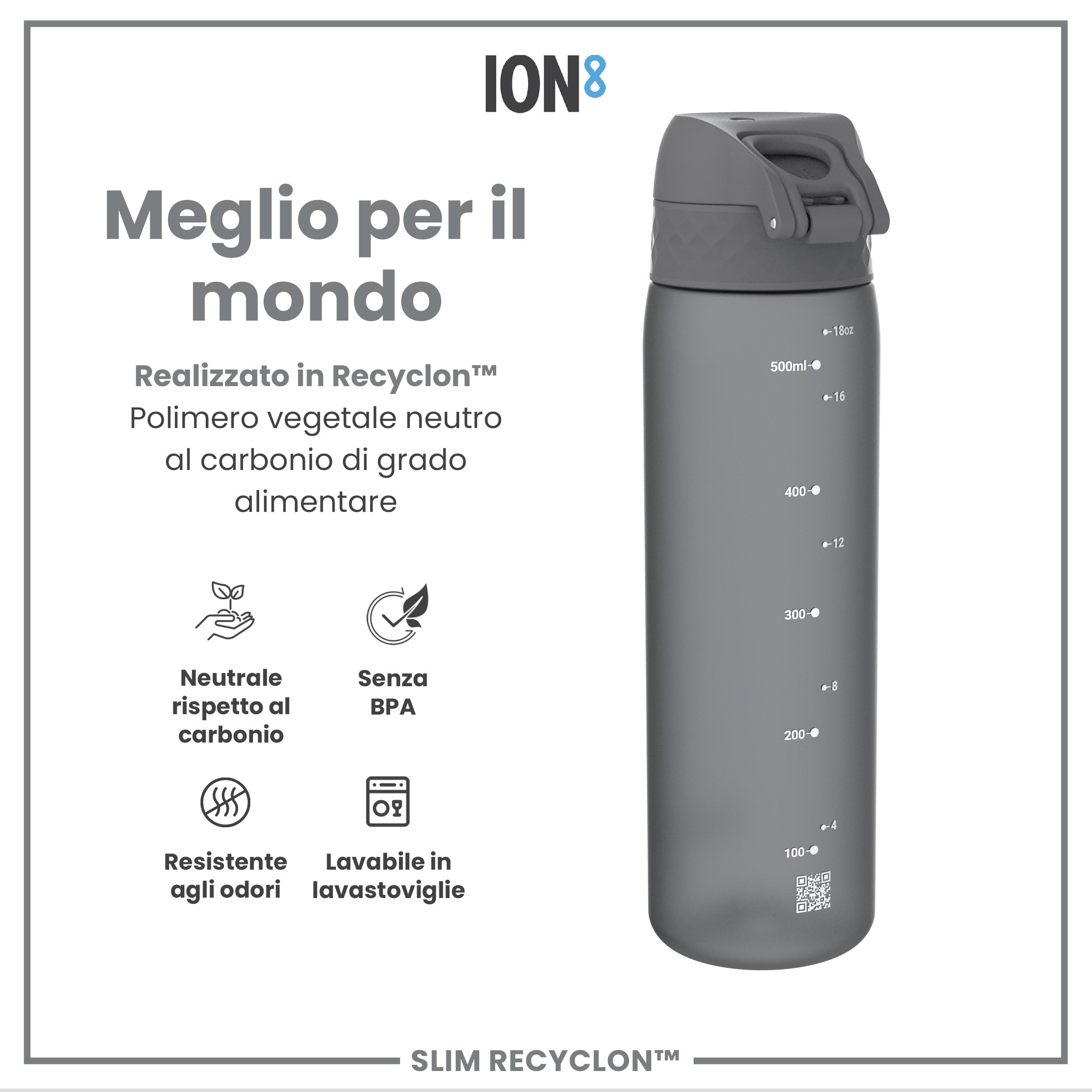 Ion8 Borraccia a Prova di Perdite, 500ml, Facile da Aprire, Serratura Sicura, Lavabile in Lavastoviglie, Senza BPA, Maniglia per il Trasporto, Adatta a Portabicchieri, Facile Pulizia, Grigio