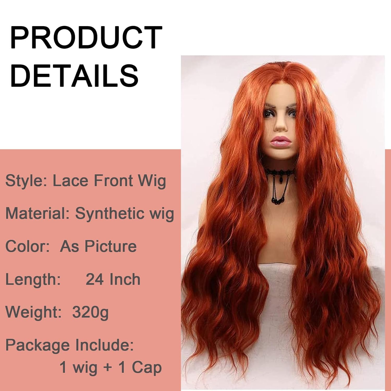 Ginger Orange Lace Front Wigs for Women Girls Copper Long Wavy Hair Wig Red Curly Loose Wavy Synthetic Wigs Pre Plucked Hairline Daily Party 26 Inch Glueless Lace Wig Wear to Go