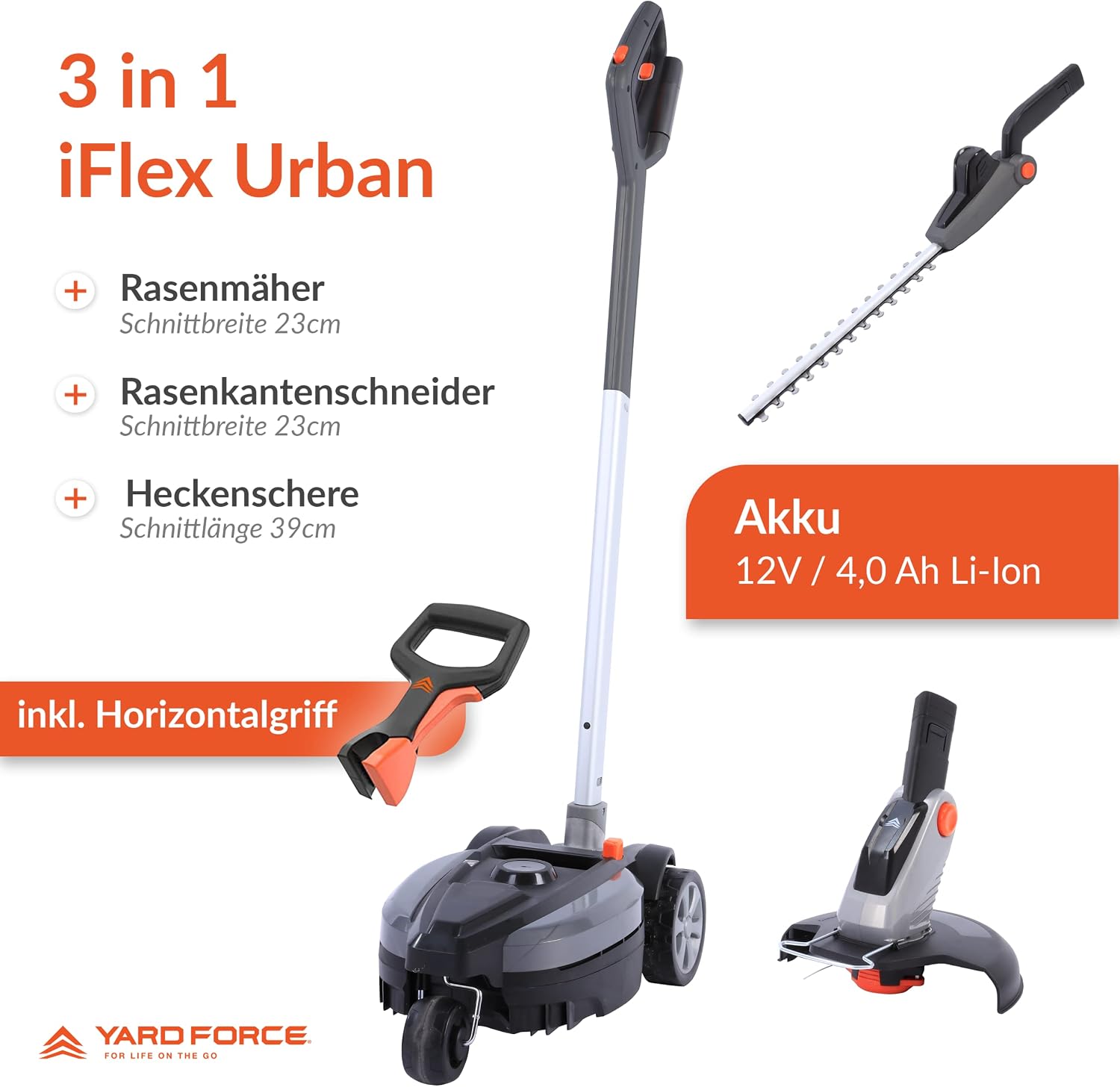 Yard Force 12V iFlex Urban 3-in-1 Cordless Garden Tool Set showing the mower, trimmer, and hedge trimmer components.