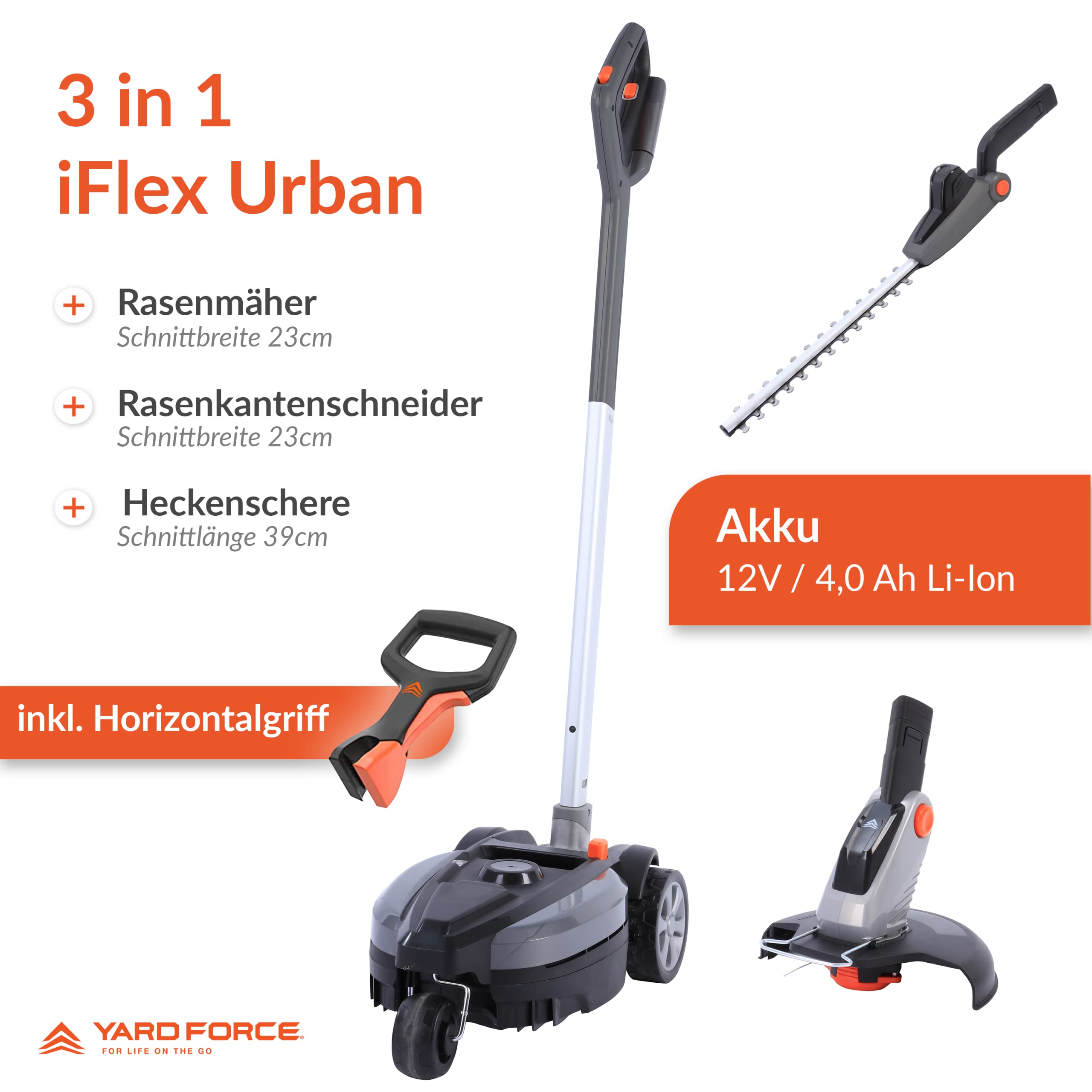 Yard Force 12 V iFlex Urban akumulatorowa kosiarka do trawy, podkaszarka do trawy i nożyce do żywopłotu, w zestawie z akumulatorem litowo-jonowym 12 V/4,0 Ah, do 50 m², szerokość cięcia 23 cm,