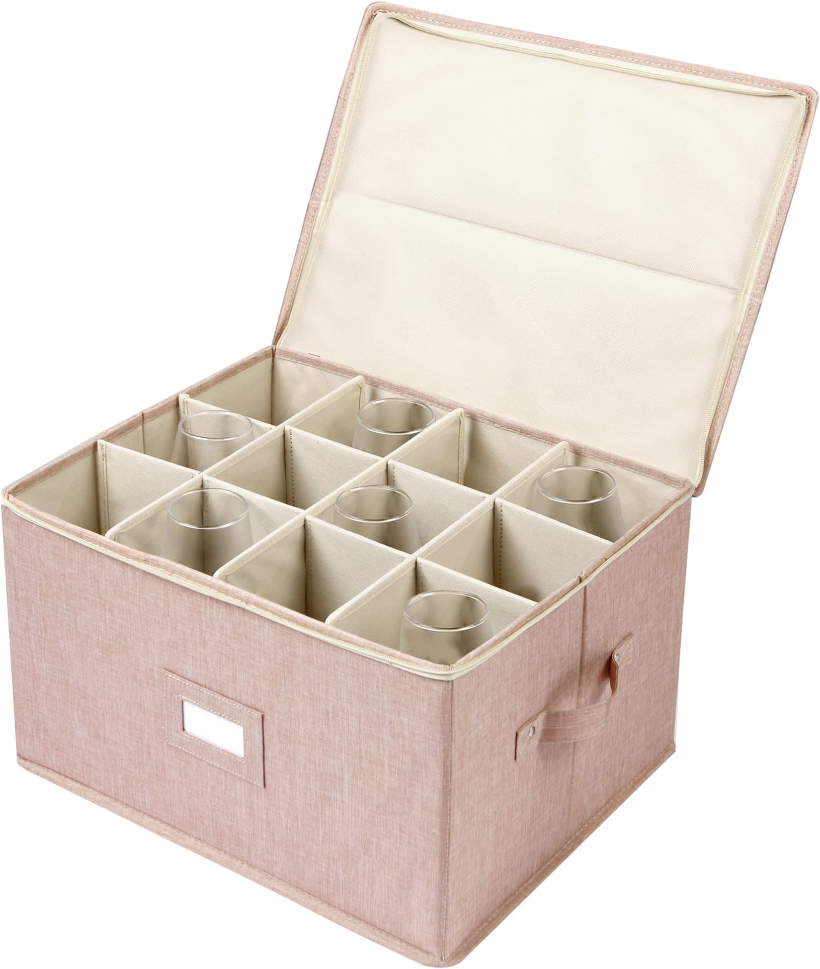 Wine Glass Storage Box, Stemware Storage Containers Cases with Dividers | Stackable Moving Supplies for 12 Wine Glasses, Drinkware , Glassware or Crystal, Hard Top and Stackable (Beige)