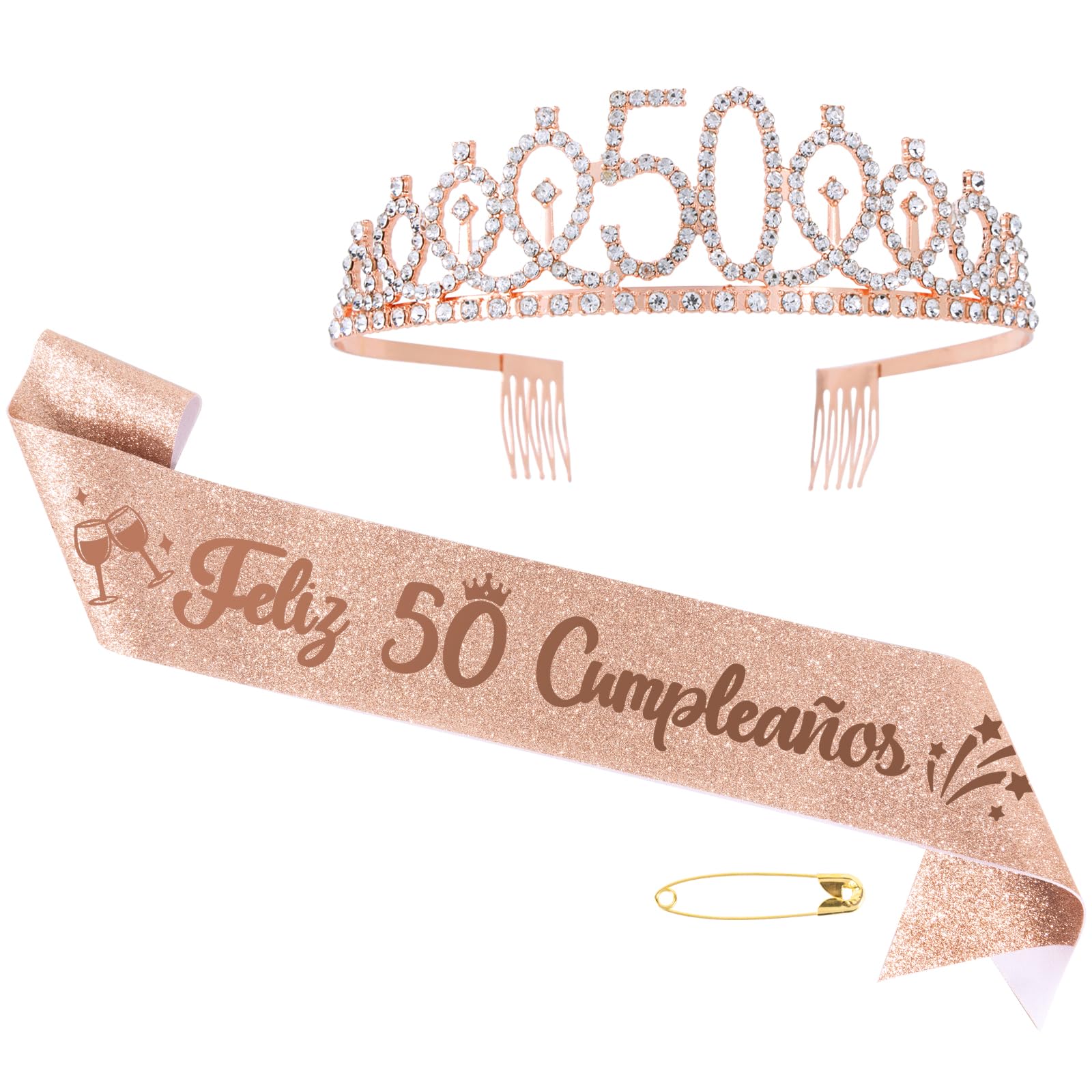 BOOMTOP 50 Cumpleaños, 2 Kit Disfraz Mujer Cumpleaños 50, Diadema Corona Tiara Feliz Cumpleaños Español, Banda Feliz Años 50 Mujer, Accesorios Aniversario Regalo Decoración Fiesta