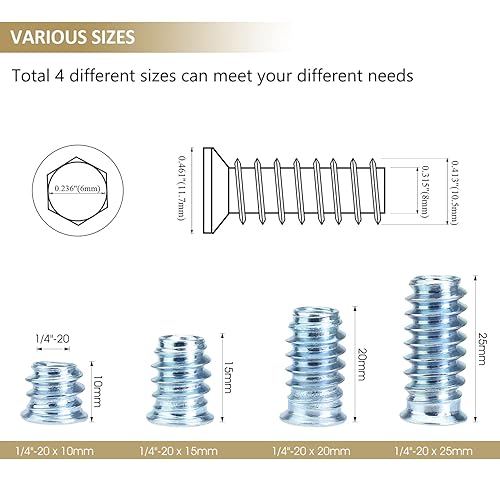 Miniatura 8 de Insertos roscados de 5/16"-0.709 x 0.984 in, acero al carbono chapado en zinc, con llave hexagonal para tornillos de muebles de madera, 26 piezas