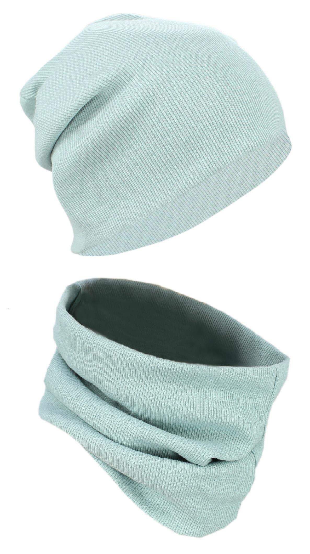 Alkato Unisex Slouchy Beanie Hat and Loop Scarf Set, Ribbed Fabric/Mineral Green, One Size