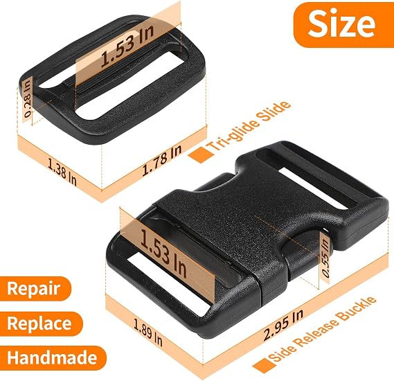 BEYOURD Heavy-Duty Buckles and Strap Set 1-1/2: 6 Yards of Thick Nylon Webbing, 6-Pack Adjustable Quick Side Release Plastic Buckles, 12 Tri-Glide Slide Clips, Black (1-1/2 Combo Set)