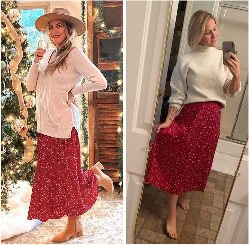 EXLURA Womens High Waist Polka Dot Pleated Maxi Long Skirt Floral Midi Swing Skirt Boho Beach Vacation Outfits with Pockets - Image 7