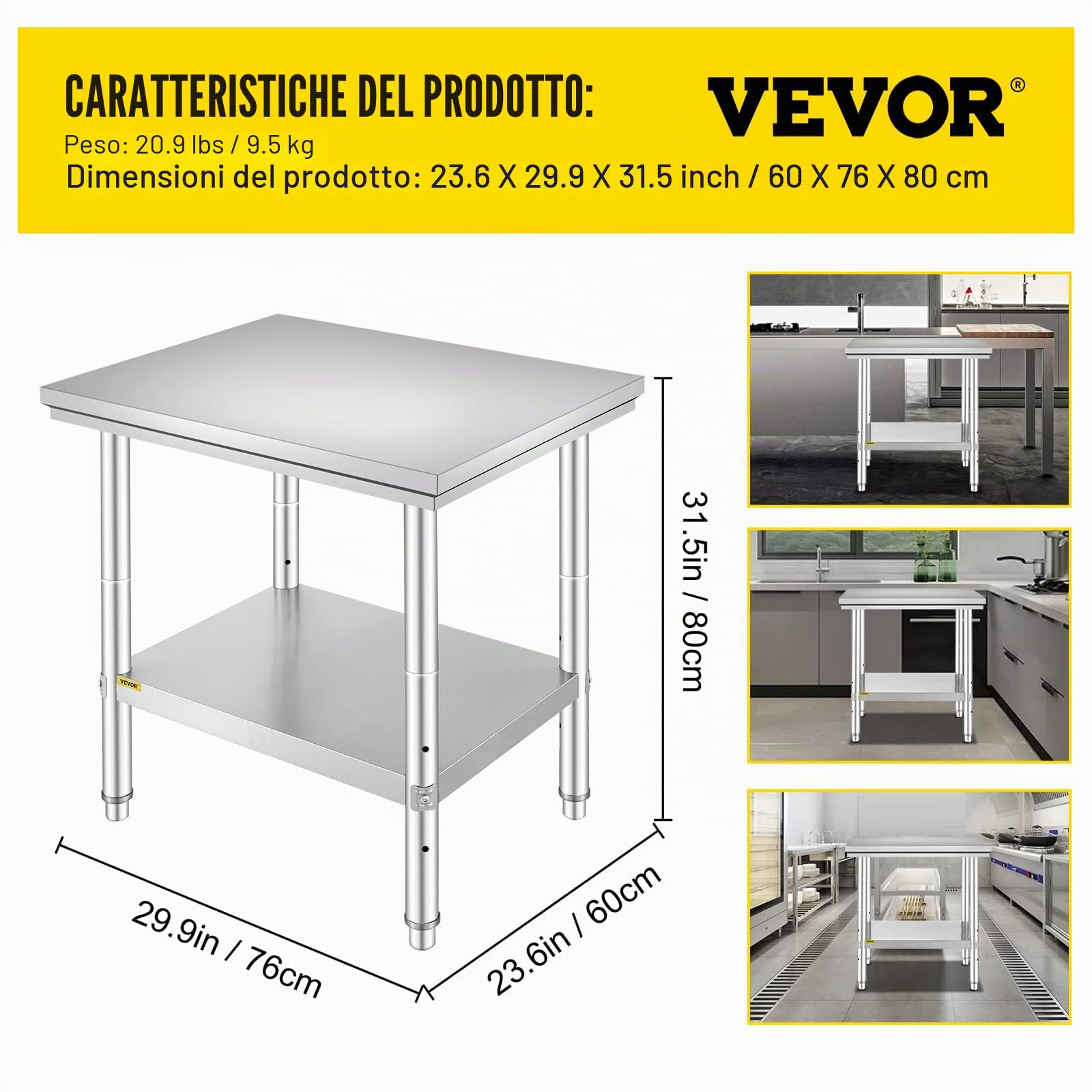 VEVOR 60 x 76 x 80cm Piano di Lavoro per Cucina Professionale Acciaio Inox, Tavolo da Lavoro da Cucina Piano di Lavoro Inox, Tavolo da Lavoro per Cucina Professionale in Acciaio Inox con Baclsplash