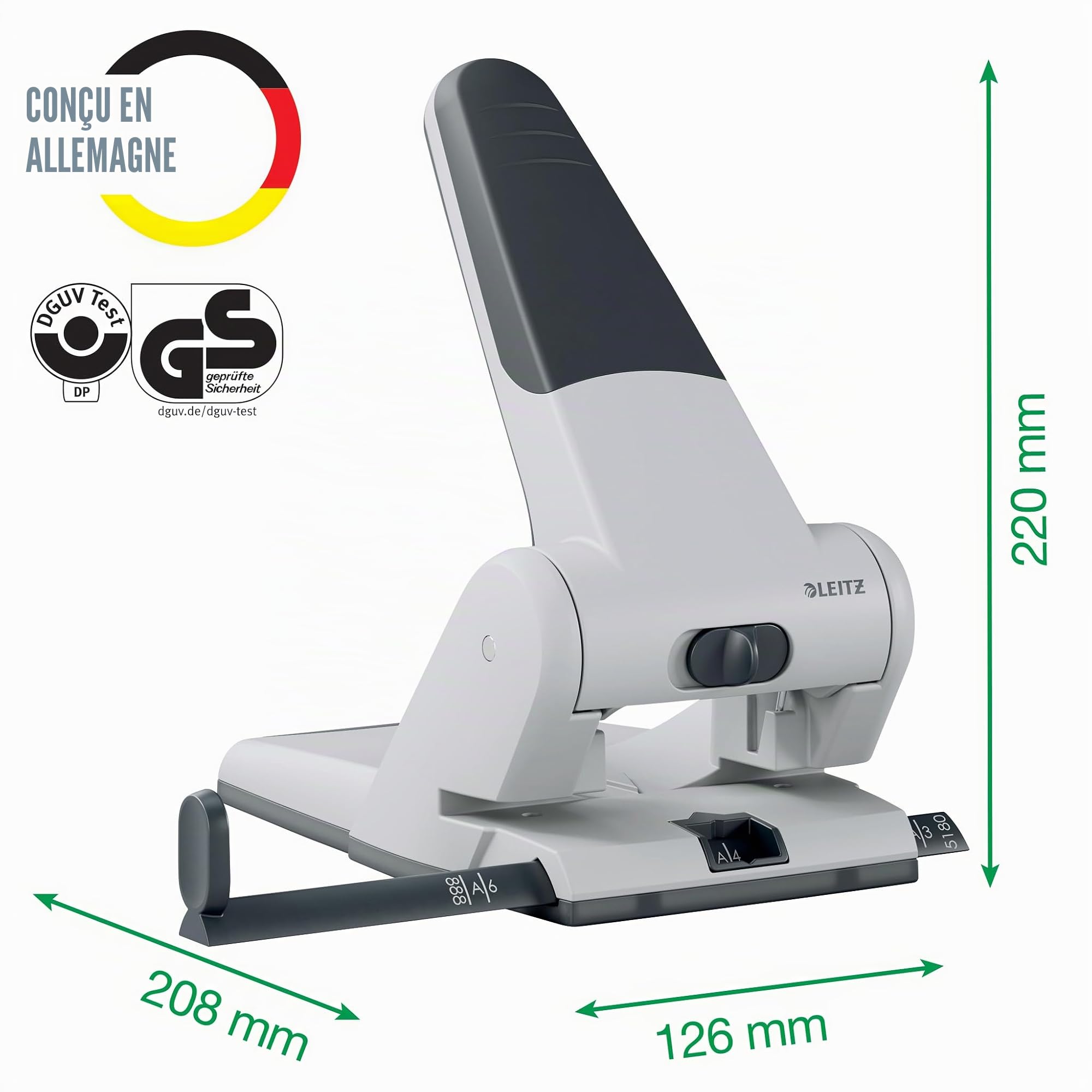 Leitz Perforatrice Gros Travaux & Sans Effort, Capacité 65 Feuilles, Noir, Métal, Réglette de Guidage avec Repères, Heavy Duty, 51800095