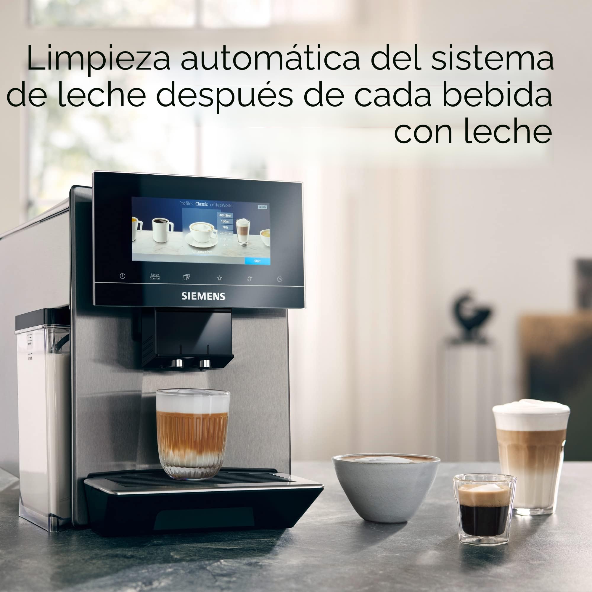 Siemens Máquina automática de café EQ900 TQ903D03, control por aplicación, pantalla táctil intuitiva, modo barista, AromaBoost, reducción de ruido, trituradora premium, limpieza automática de vapor,