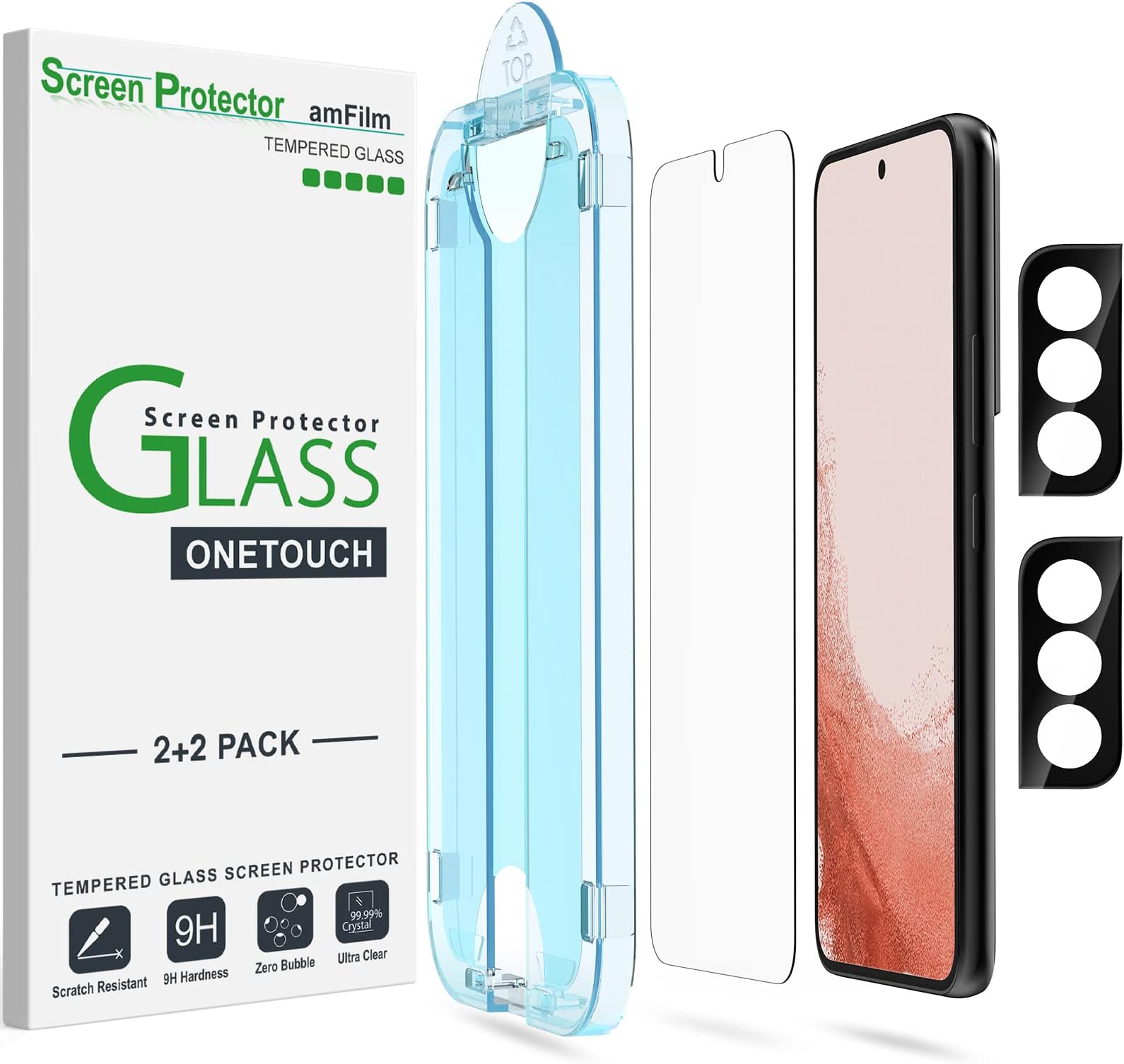 amFilm OneTouch Screen Protector for Samsung Galaxy S22 Plus 6.6 inch, Samsung Galaxy S22 + 6.6 inch, 9H Hardness with Camera Lens Protector, Bubble Free, Tempered Glass, 2 Pack