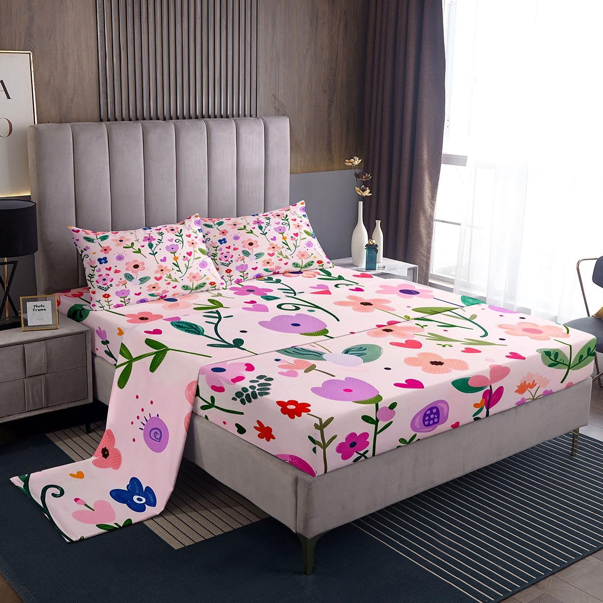 jejeloiu Floral Bed Sheets Sets Twin Size Kids Boys Girls Plant Bedding Set Farmhouse Garden Bed Sheet Set with 16-Inch Deep Pockets Cute 3Pcs with 1 Pillow Cases Hibiscus Pink