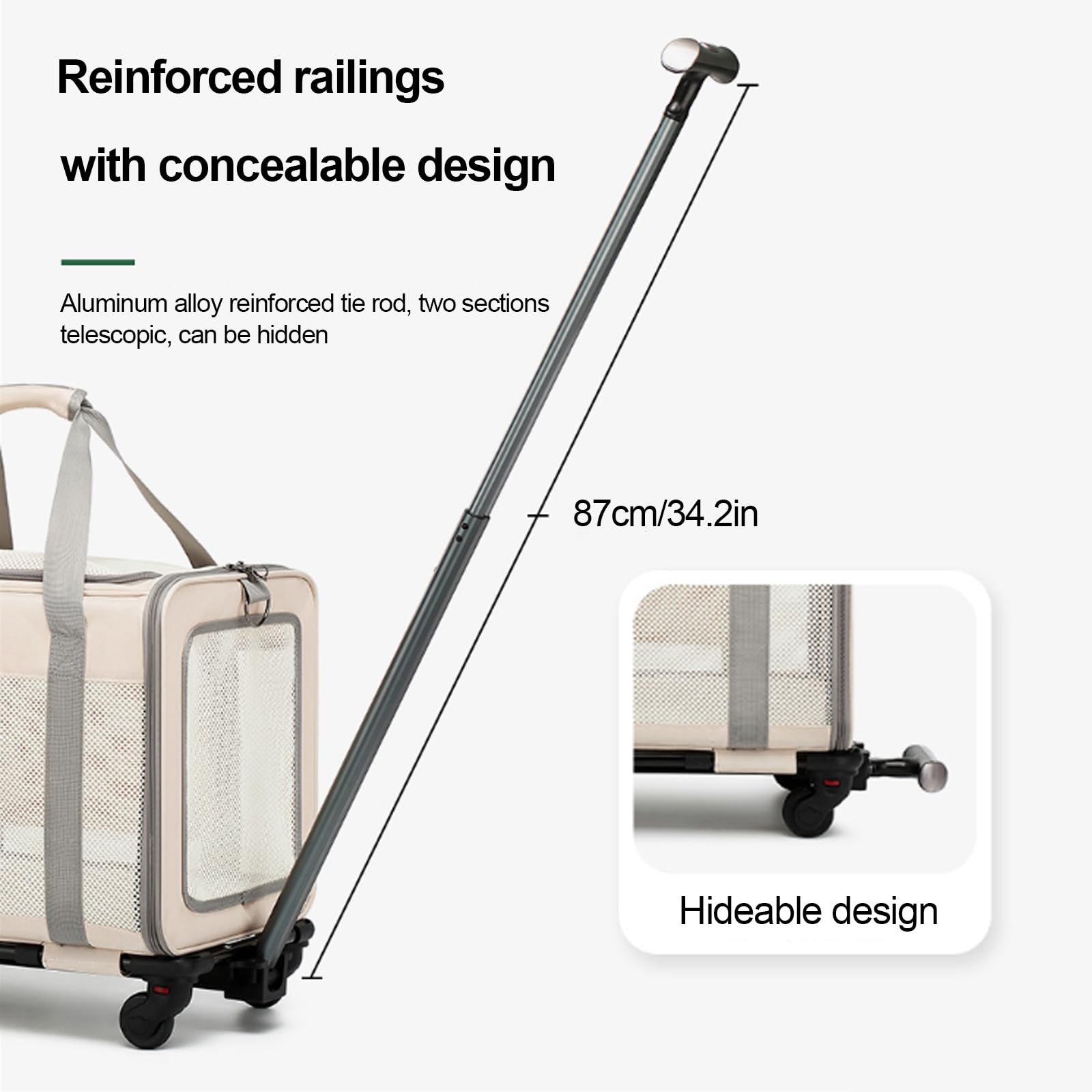 Mochila De Viaje con Ruedas, Bolsa Trasportín De Viaje para Perros Gatos, Transportador con Almohadillas Y Manija Telescópica para Mascotas Pequeñas Medianas,Beige