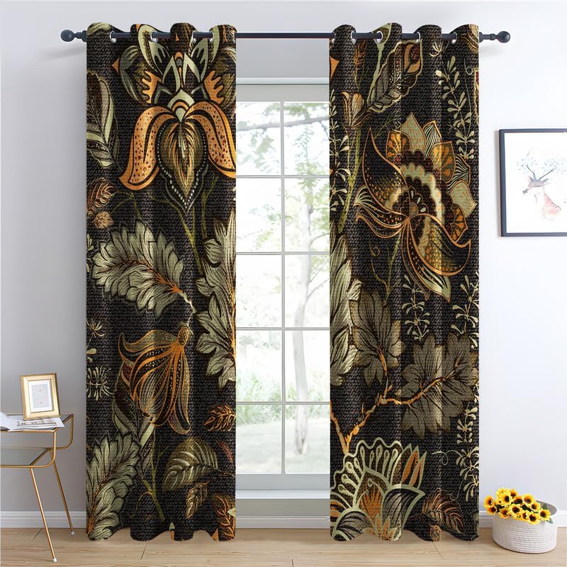 Flower Curtains for Bedroom Living Room, Floral Botanical Blackout Curtains 63 Inch Length 2 Panels Set, Thermal Insulated Grommet Drapes, Decorative Patterned Window Treatments