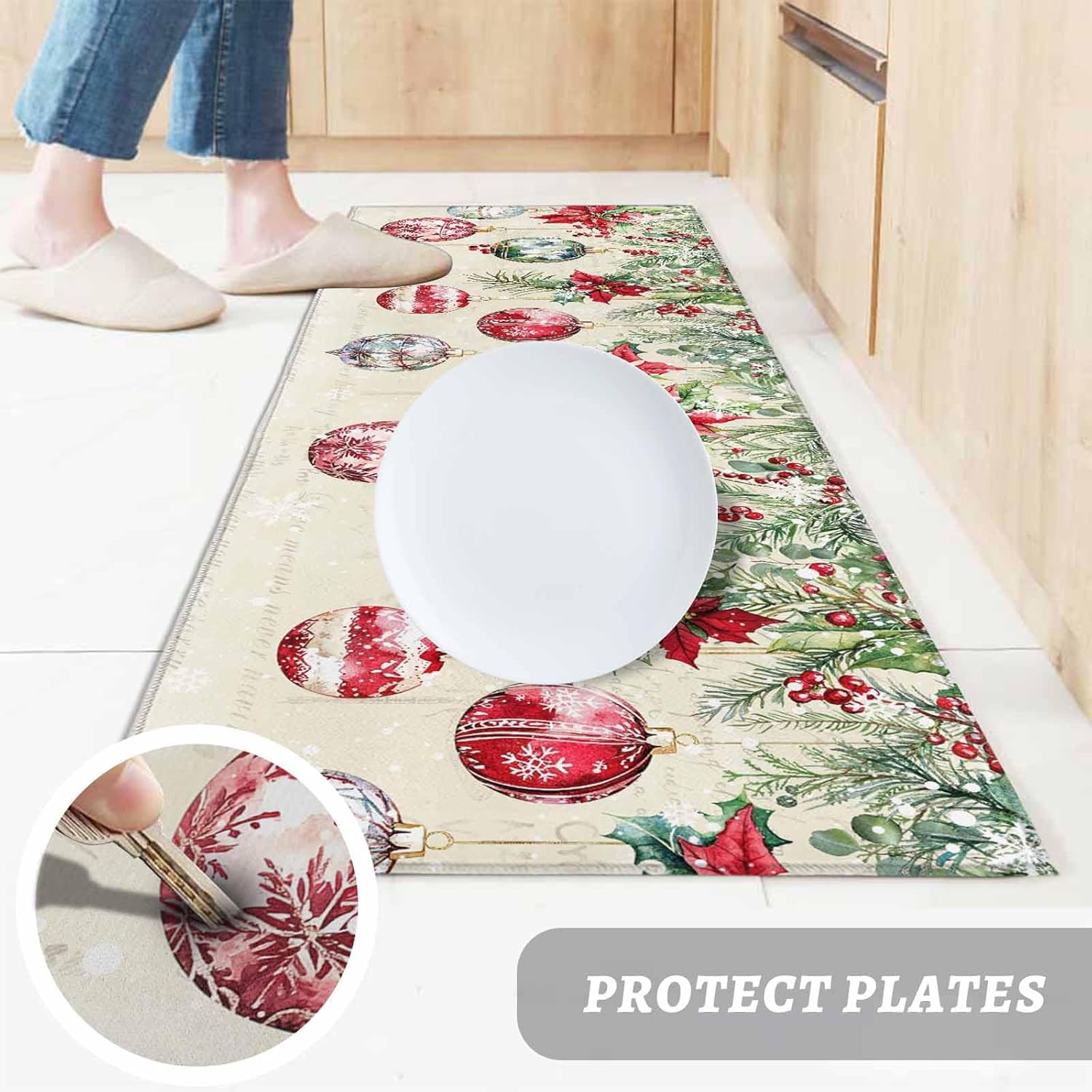 2 Pcs Kitchen Rugs and Mats Rural Christmas Ball Winter Pant Letter Area Runner Rug Set Non Slip Floor Doormat Washable Carpet Standing Mat for Sink Indoor Corridor Retro Poinsettia Leaf Berry