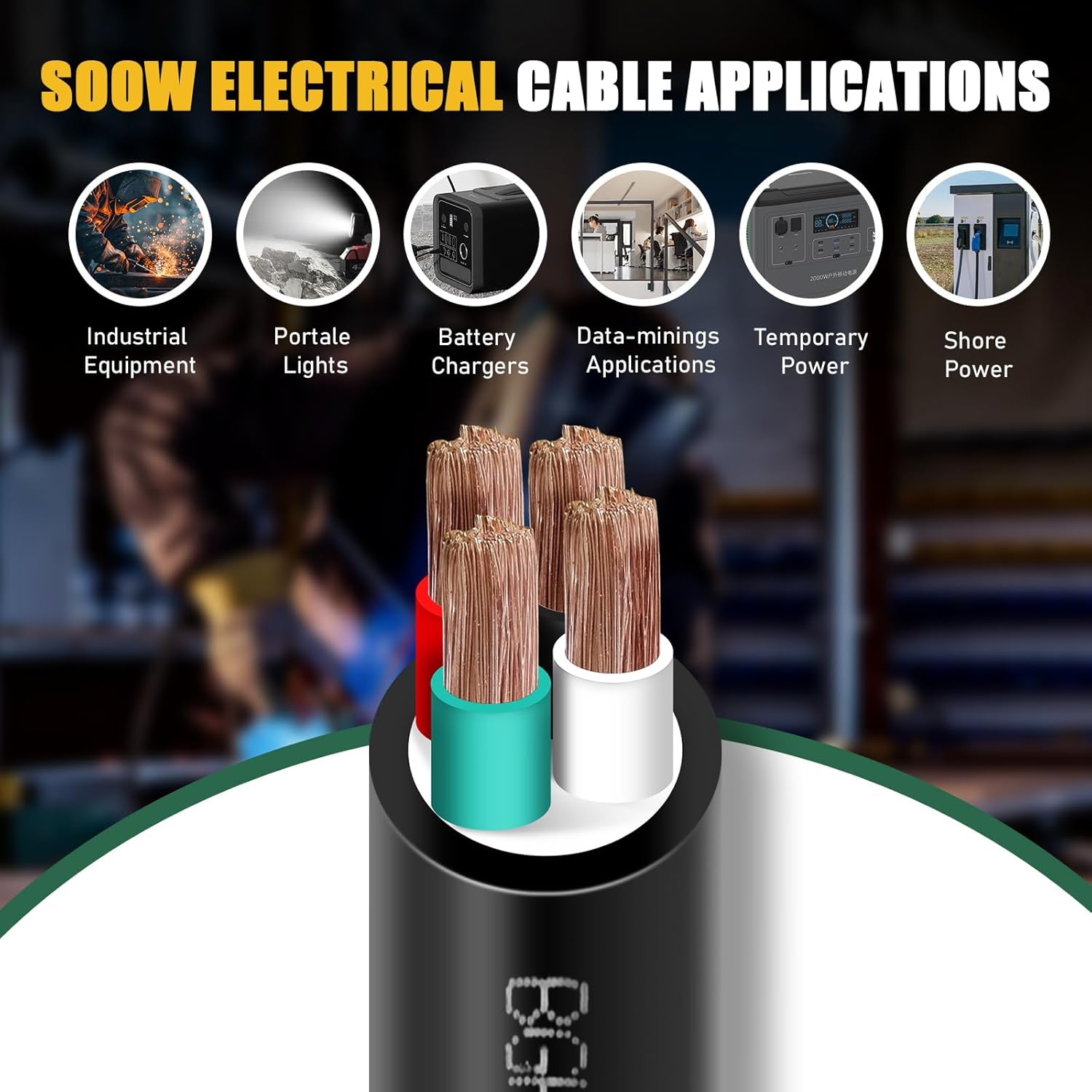 6ft 6/4 6 AWG Portable Power Cable (4 Conductor) - SOOW 600V 6 Gauge Electric Wire for Generator, Portable Lights, RV/EV Car Battery Chargers and Machinery - 6 Feet Electrical Cord