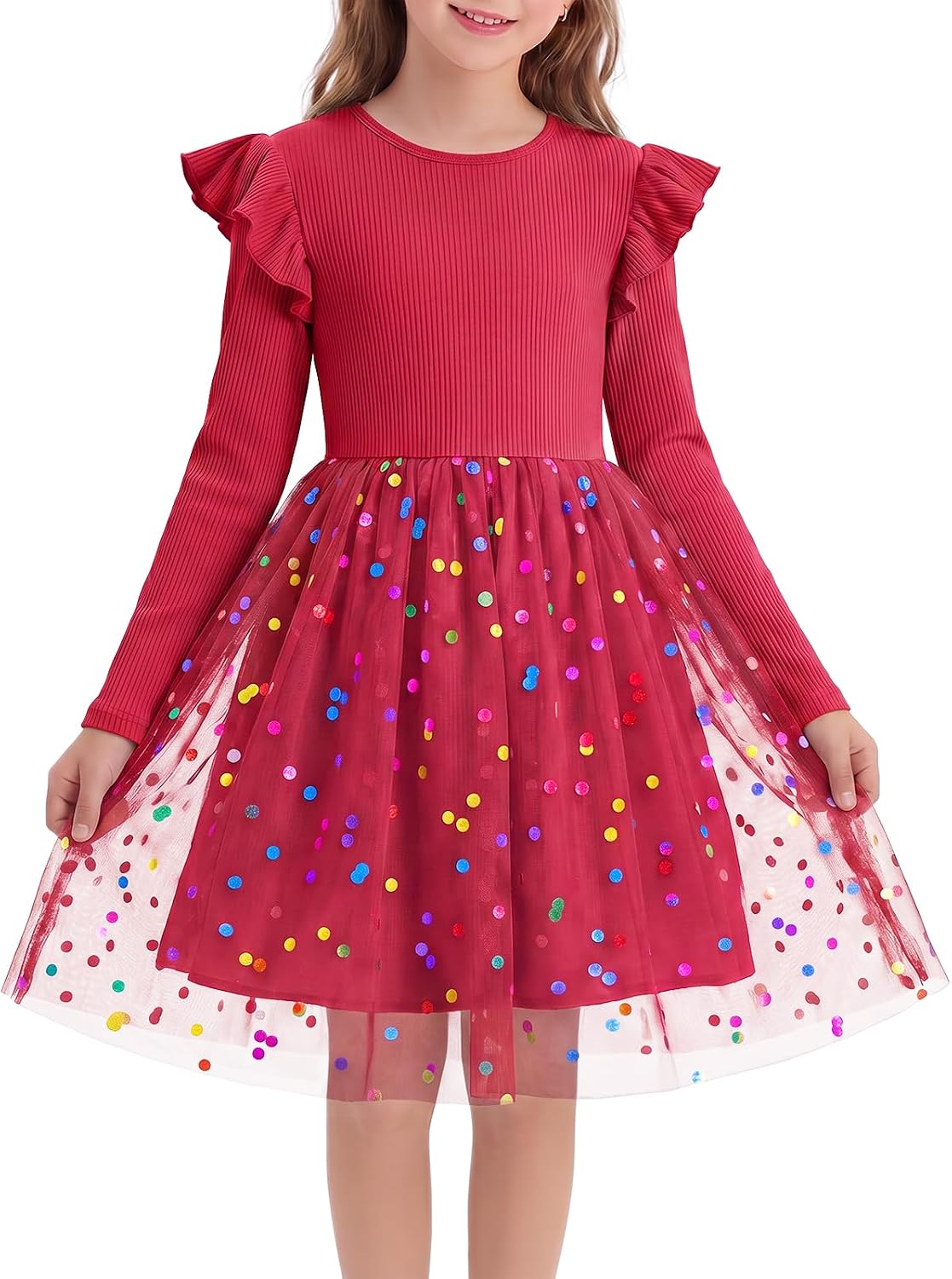 Haloumoning Girls Confetti Tulle Dresses Ruffled Party Princess Dress 5-14Y