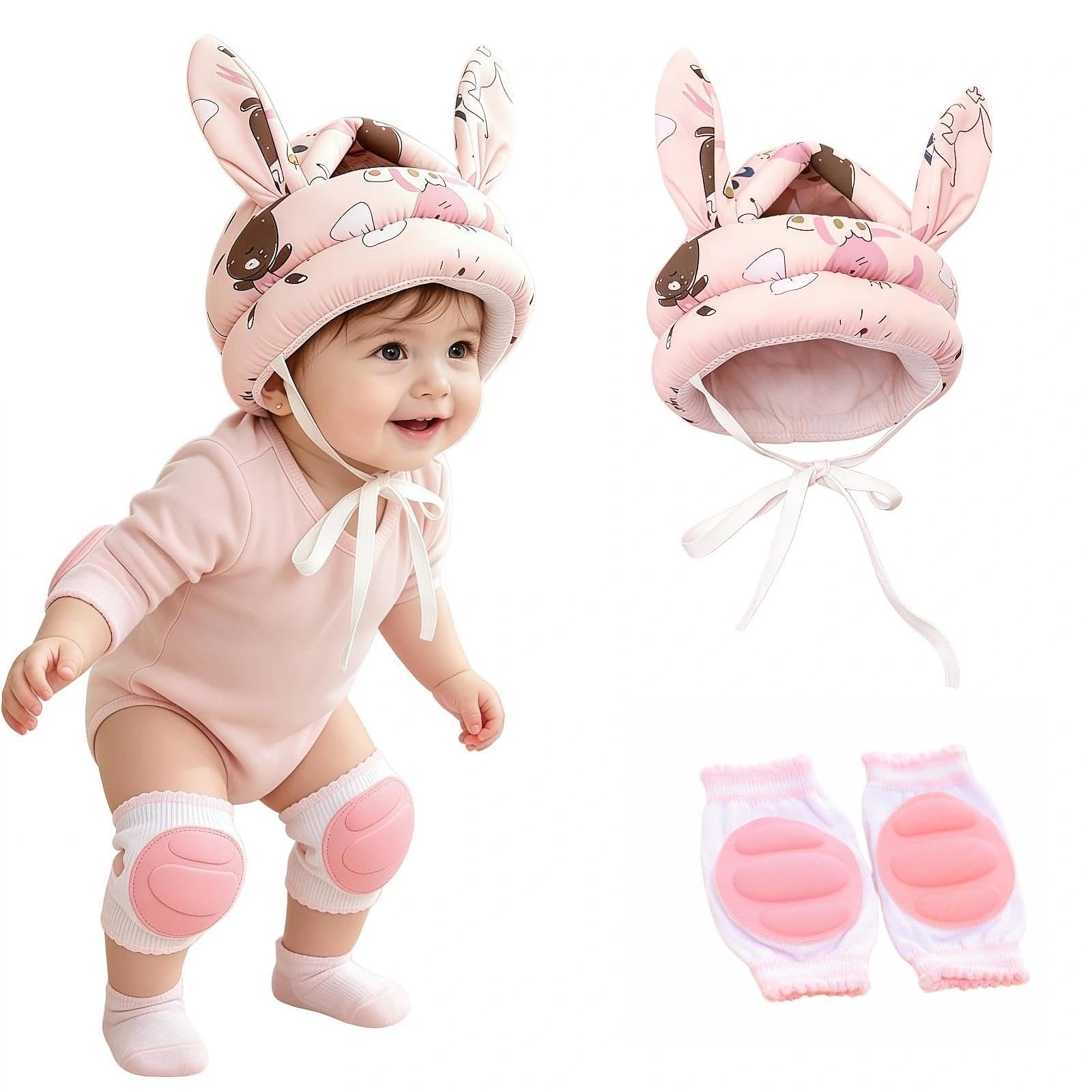 NIFTYY Toddler Safety Helmet & Knee Pads Set – Adjustable, Breathable Anti-Fall Head Guard + Knee Cushions for Babies 5-24 Months, Unisex Learning to Walk Protector (Pink Rabbit Set)
