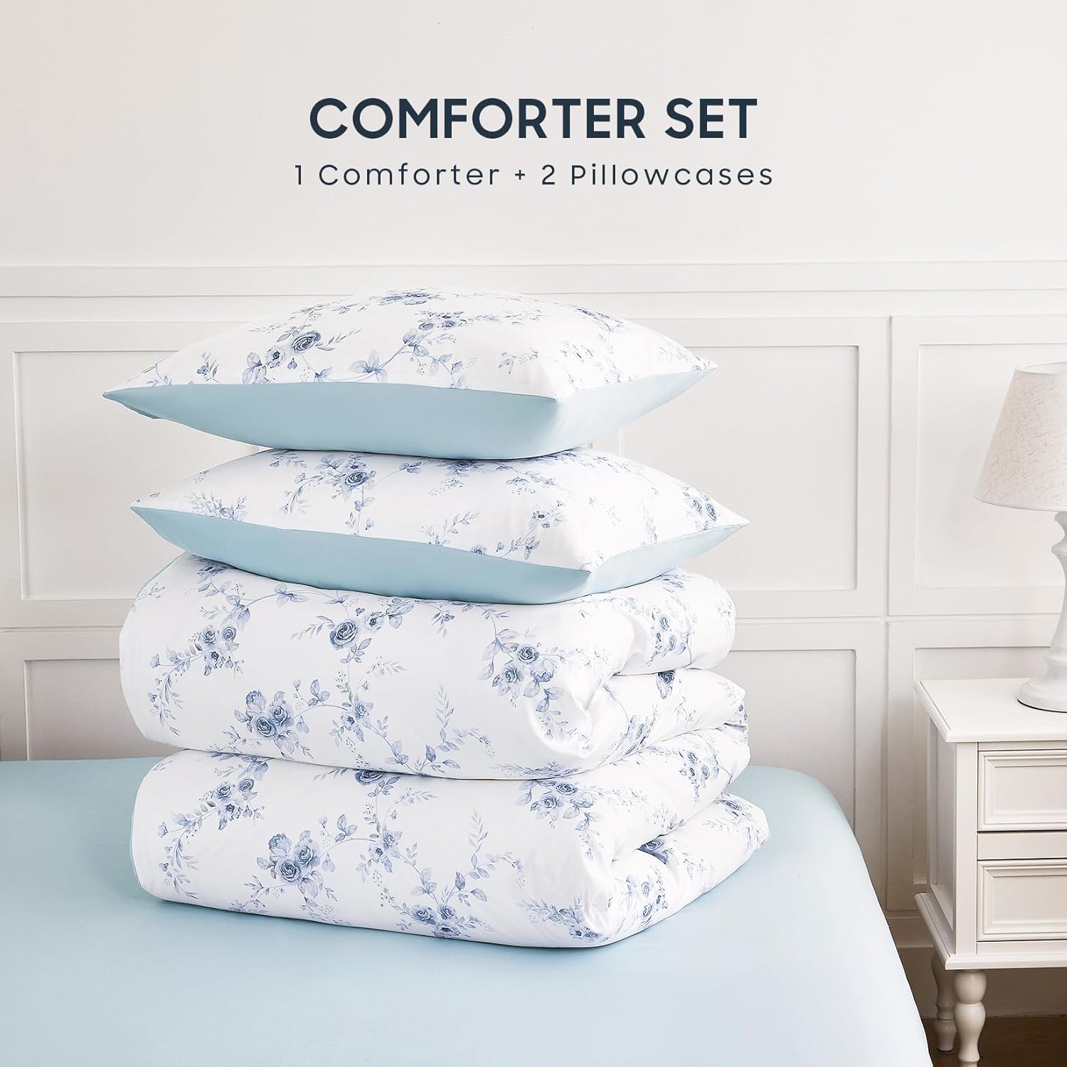 Wake In Cloud - Floral Comforter Set, Shabby Chic Coquette Cottagecore Farmhouse Style with Romantic Flower Pattern, Soft Lightweight Bedding, 3-Piece, Blue White, Queen Size
