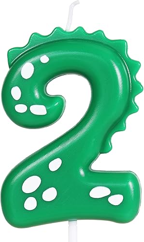 Velas de segundo cumpleaños, vela número 2, decoraciones de fiesta de dinosaurios para cumpleaños, vela verde de feliz cumpleaños para pastel, vela
