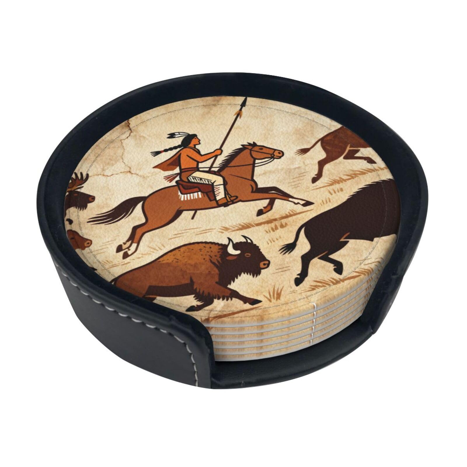 Cntdbu White Hunting Leather Coasters Set Of 6-Pu Leather Drink Mats For Table, Heat Resistant Round Coasters With Holder