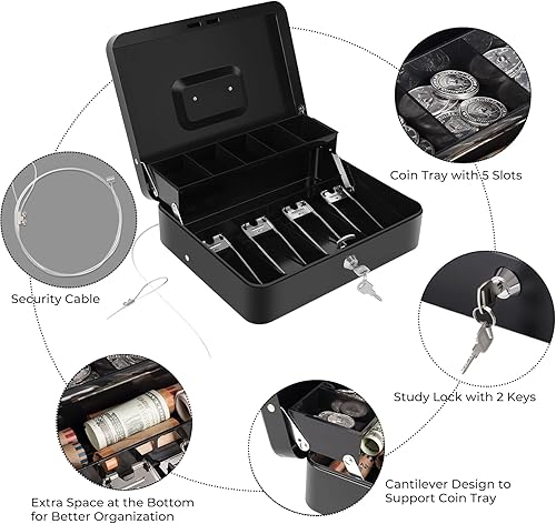 Miniatura 3 de Sumerfnt Caja de efectivo con bandeja de dinero y caja de dinero con cerradura con cable de seguridad, caja de efectivo con bloqueo de metal, 11.8 x