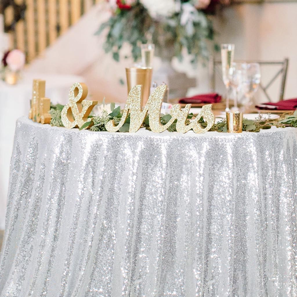 ShinyBeauty Sequin Tablecloth Round Table, 120 Inch,Silver Table Cloth Round for Wedding, Birthday, New Year Decor, Sparkle Tablecloth for Party Glitter Linen