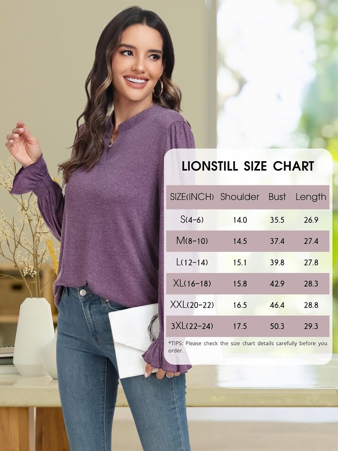 Women's Fashion Long Sleeve Tunic top Casual Loose Diamond V Neck Daily Work Shirts - Image 5