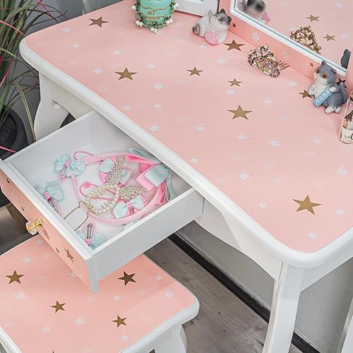 Miniatura 6 de GAOMON Tocador para niños, mesa de tocador para niñas con espejo, taburete y cajón, 2 en 1 de madera de princesa, tocador para niños, juego de