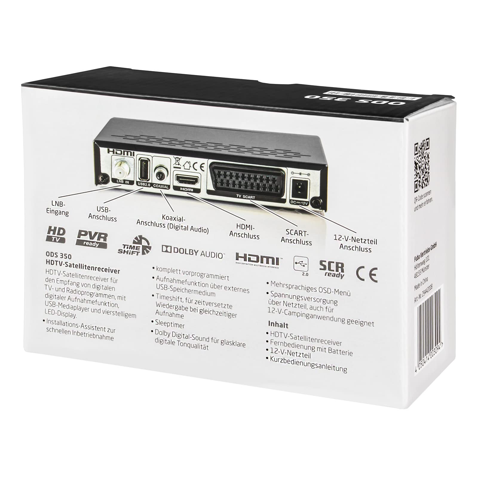 hb-digital Set - Fuba Récepteur Satellite Numérique HDTV DVB-S/S2 ODS 350 + 1,5m de câble HDMI Fonction enregistrement PVR-Ready Compatible Unicable Ecran LED 4 chiffres EPI USB 2.0 Lecteur multimédia
