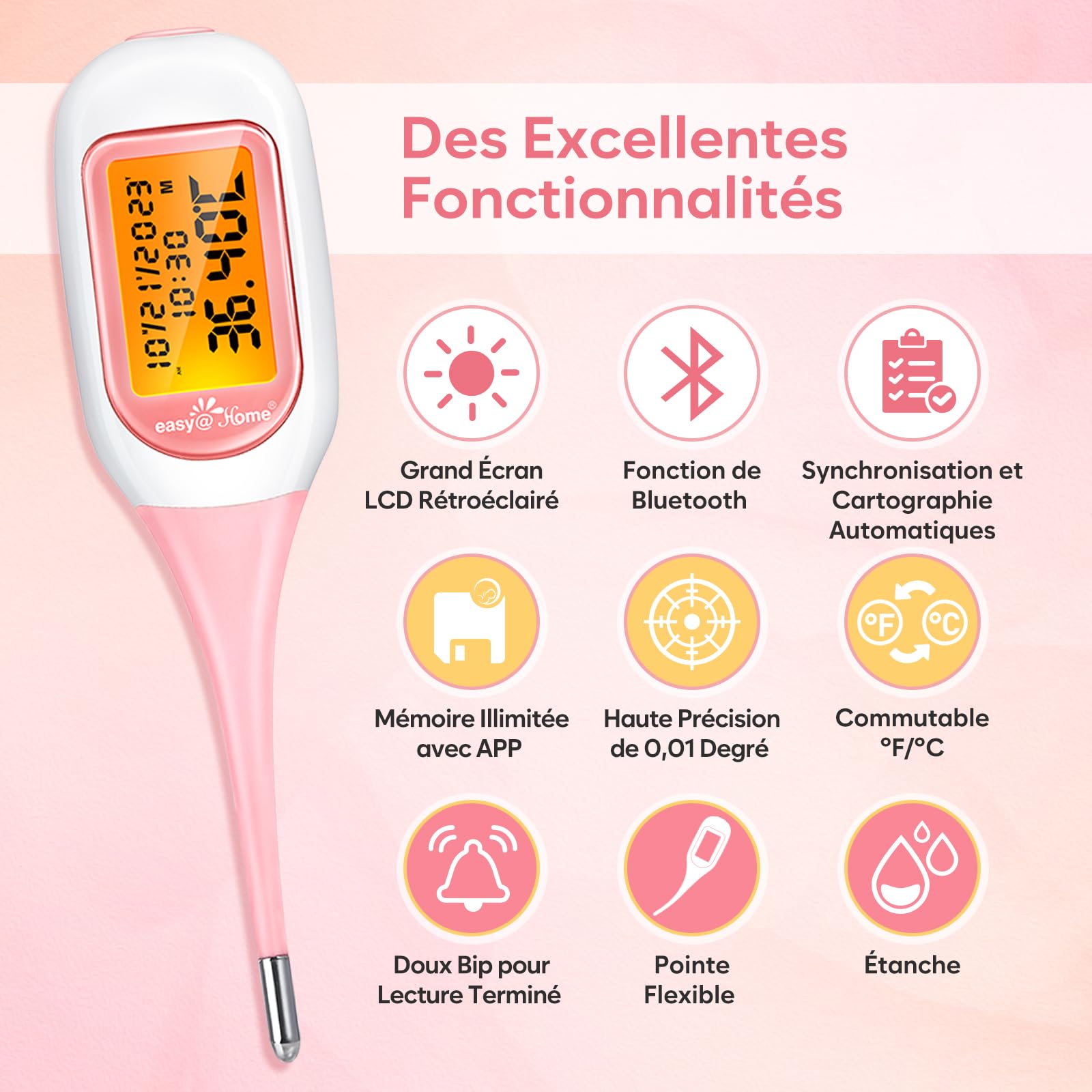 Easy@Home Thermomètre basal bluetooth suivi d'ovulation contrôle du cycle avec Premom APP Française (iOS et Android),1/100e de degré, thermomètre avec TBC Sync et rétroéclairage LCD (Rose)