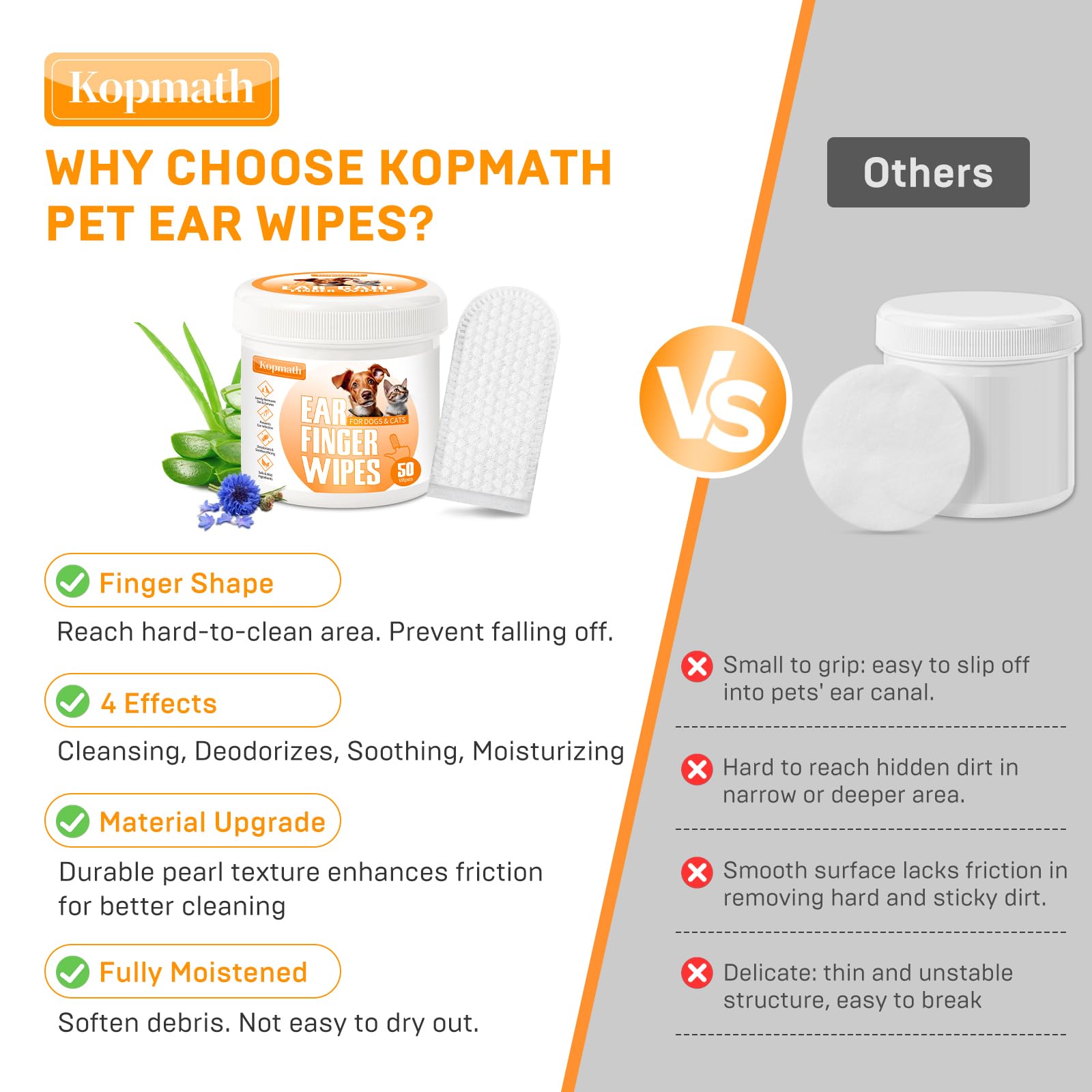 Dog Ear Wipes, Ear Cleaner Finger Wipes for Dogs & Cats, Gently Remove Earwax & Odor, Soothe Ear Itching and Infection, Easy to Use, Natural Cat Ear Wipes for Dogs, 50 Disposable Count - image 4