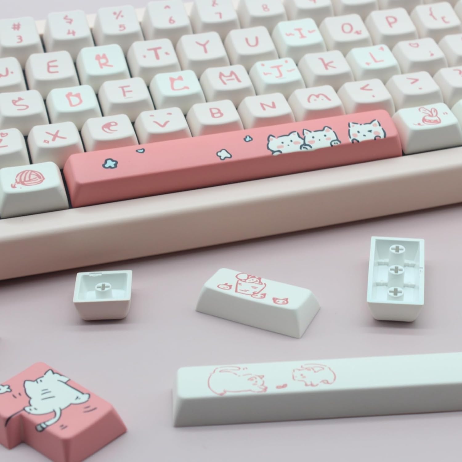 Cat Cute Keycaps MDA Profile Custom PBT Pink Kitty Keycap for Mechanical Keyboard,148 Keys Dye-Sub Cute Keycaps (Pink Kitty)
