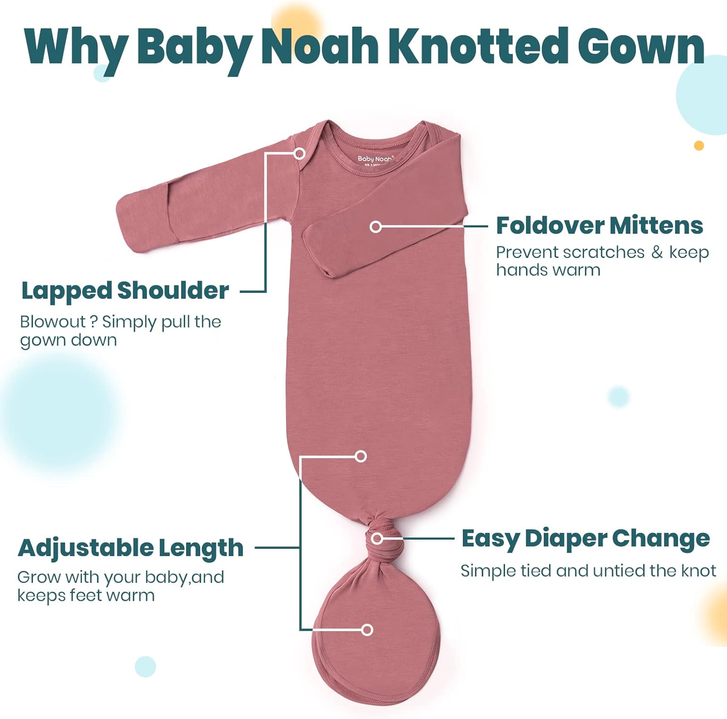 2Pk Newborn Baby Knotted Gown, Super Soft Silky Infant Long Sleeve Sleeper for Baby Sleeping with Hat Light Green & Deep Pink(2 Packs, Size Newborn) - Image 2