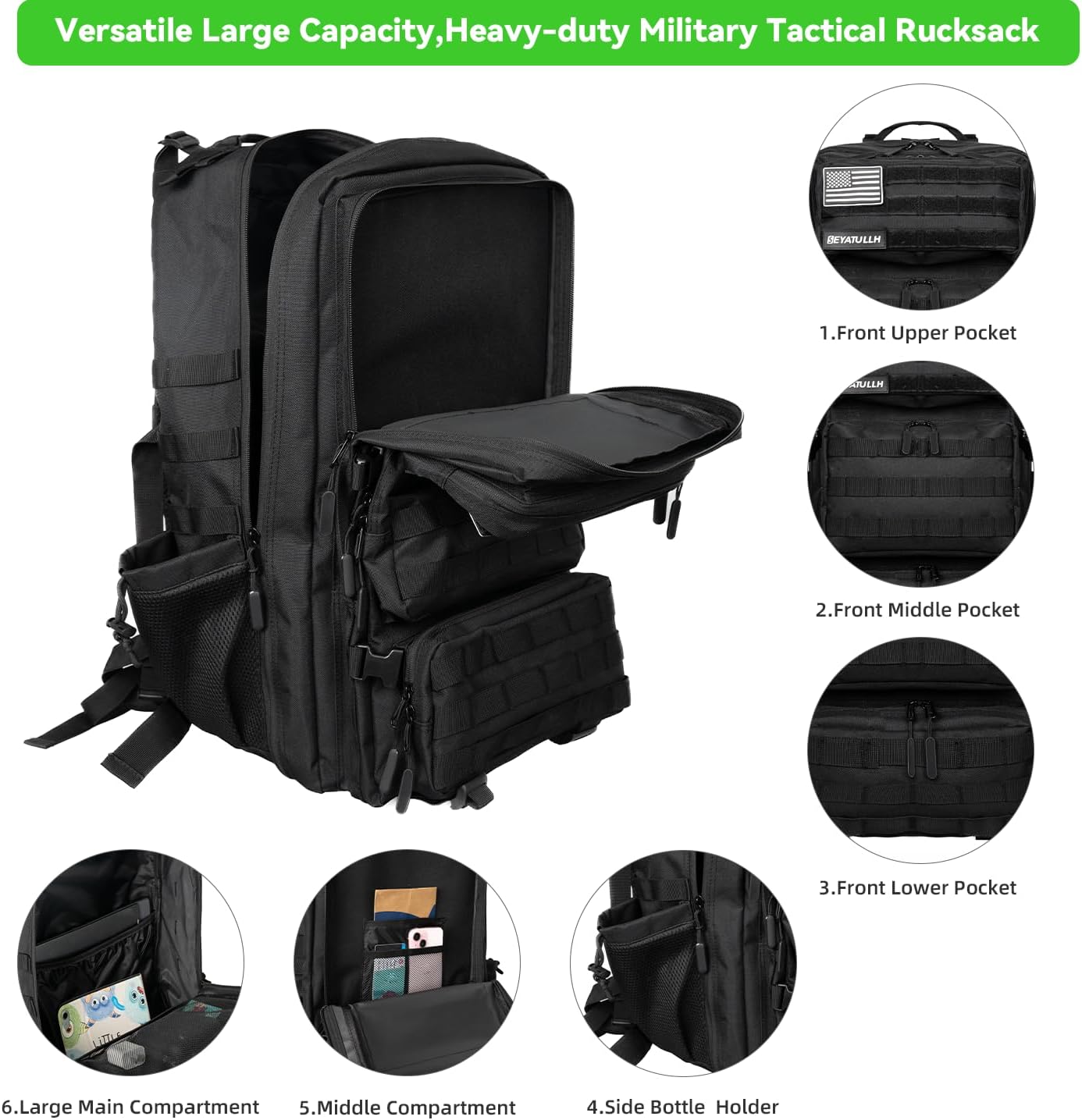 Military Tactical Backpack 55L for Men & Women Bug Out Bag Assault pack Molle Daypack Hiking Trekking Rucksack (Black) - Image 6