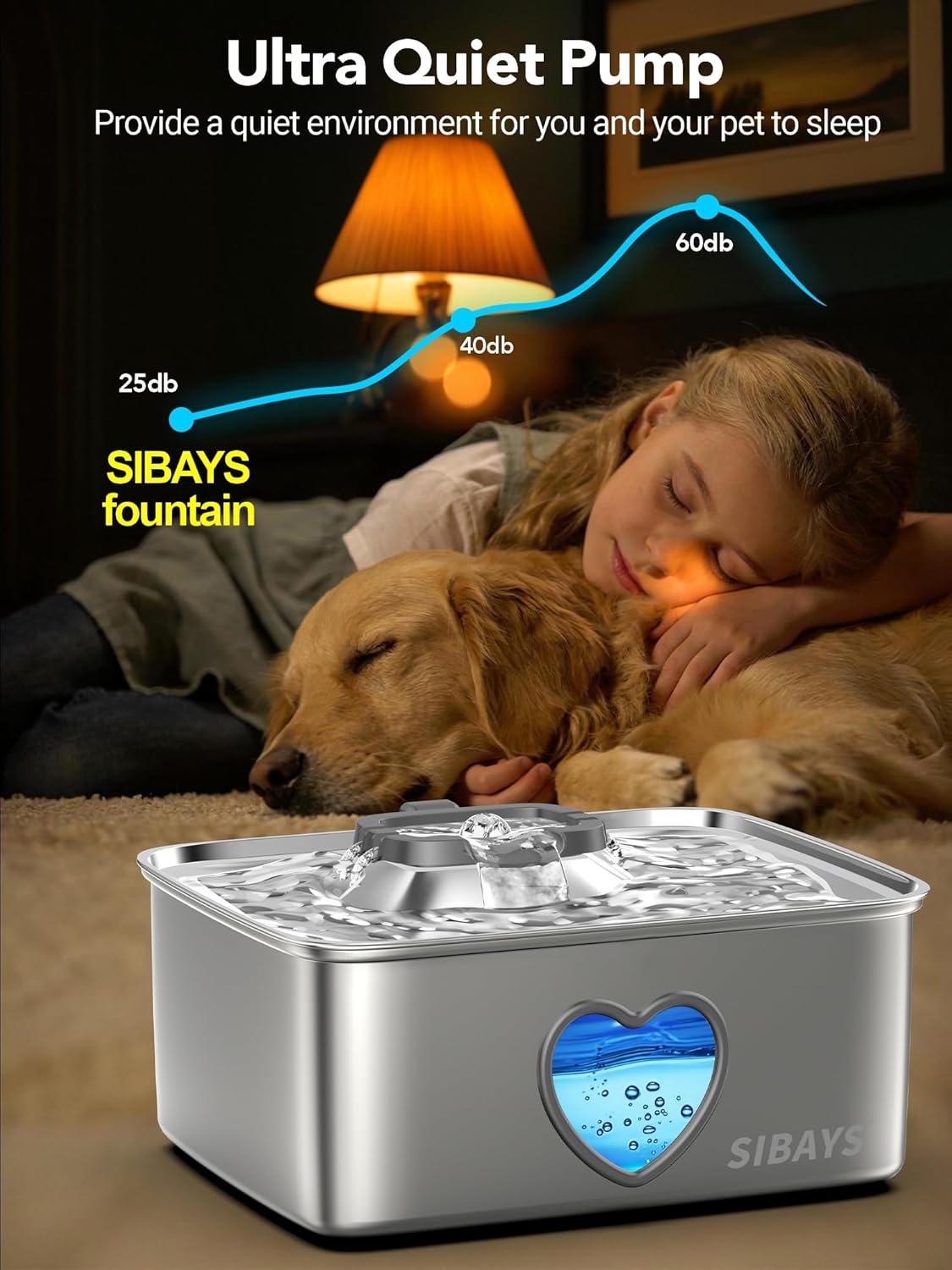 SIBAYS 15L Large Dog Water Fountain, 4 Gal Stainless Steel Pet Water Fountain for Dogs Inside, Ultra Quiet Automatic Dog Water Bowl Dispenser with Water Level Window & LED Light, Easy to Clean FS80 - Image 5