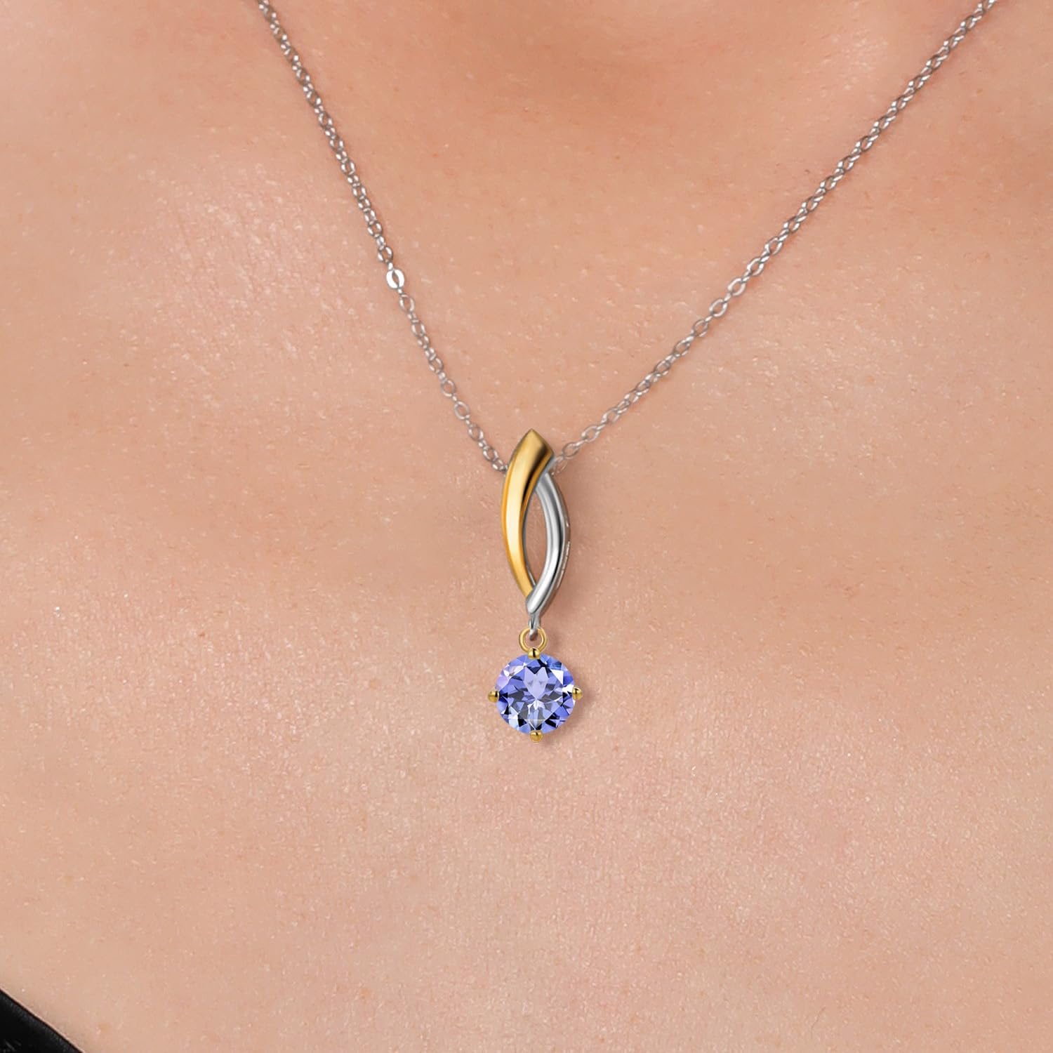 Gem Stone King 925 Silver and 10K Yellow Gold Blue Tanzanite Pendant Necklace for Women | 0.38 Cttw | Gemstone December Birthstone | Round 4.5MM | With 18 Inch Silver Chain - Image 3
