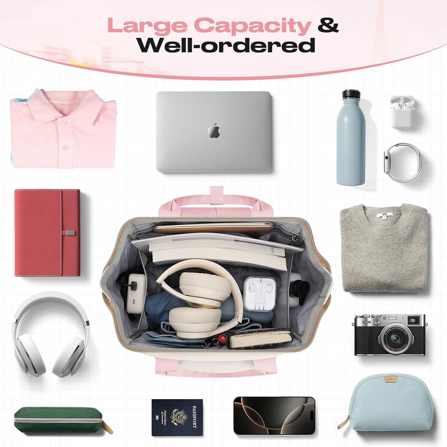 Maelstrom Travel Backpack for Women Men,Laptop Backpack Fits 15.6-17.3 Inch Laptop, Nurse/Work Bag with Insulated Lunch Box (Pink-beige) - Image 7